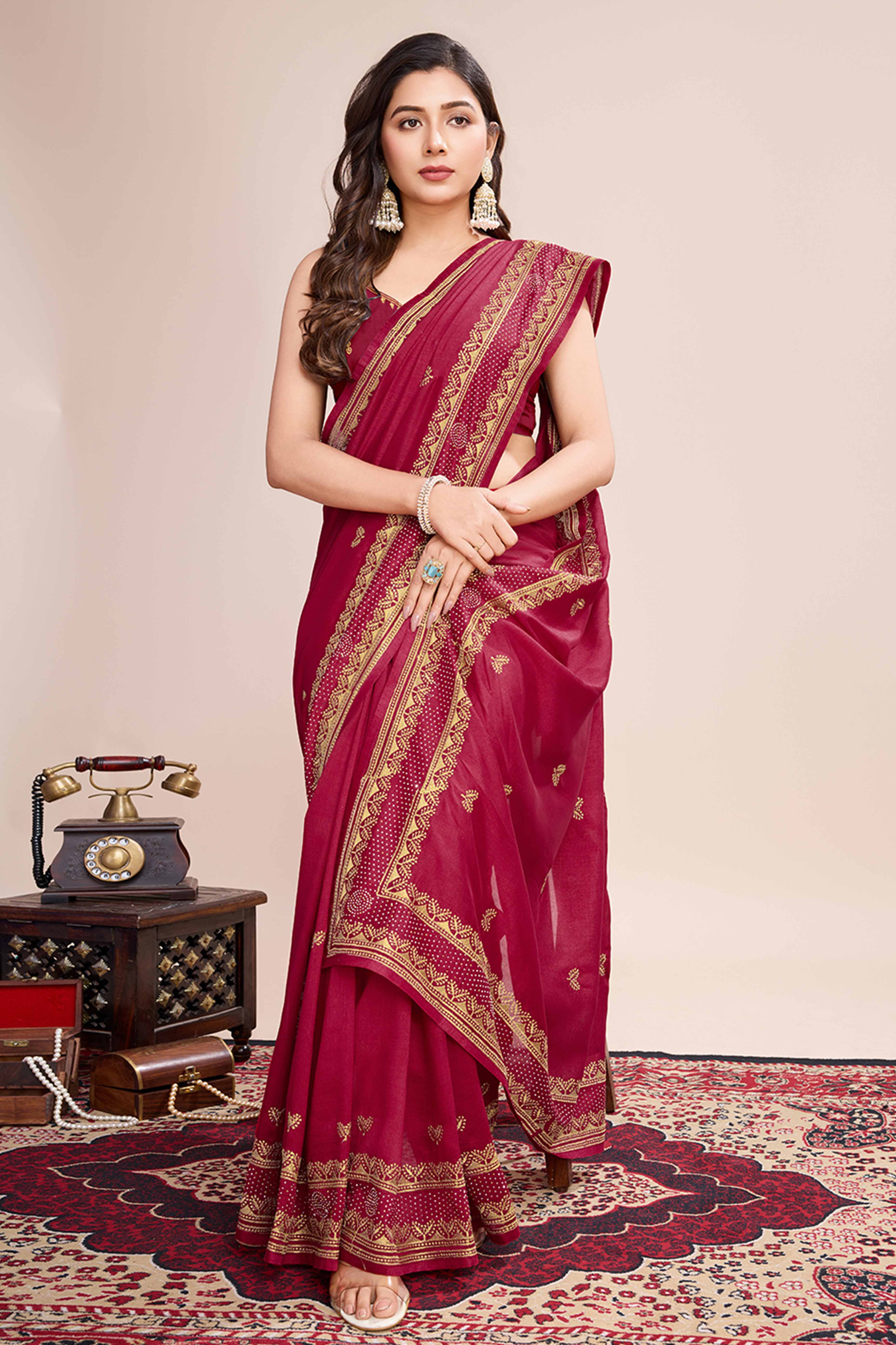 Red Floral Embroidered Vichitra Silk Saree - Image 4