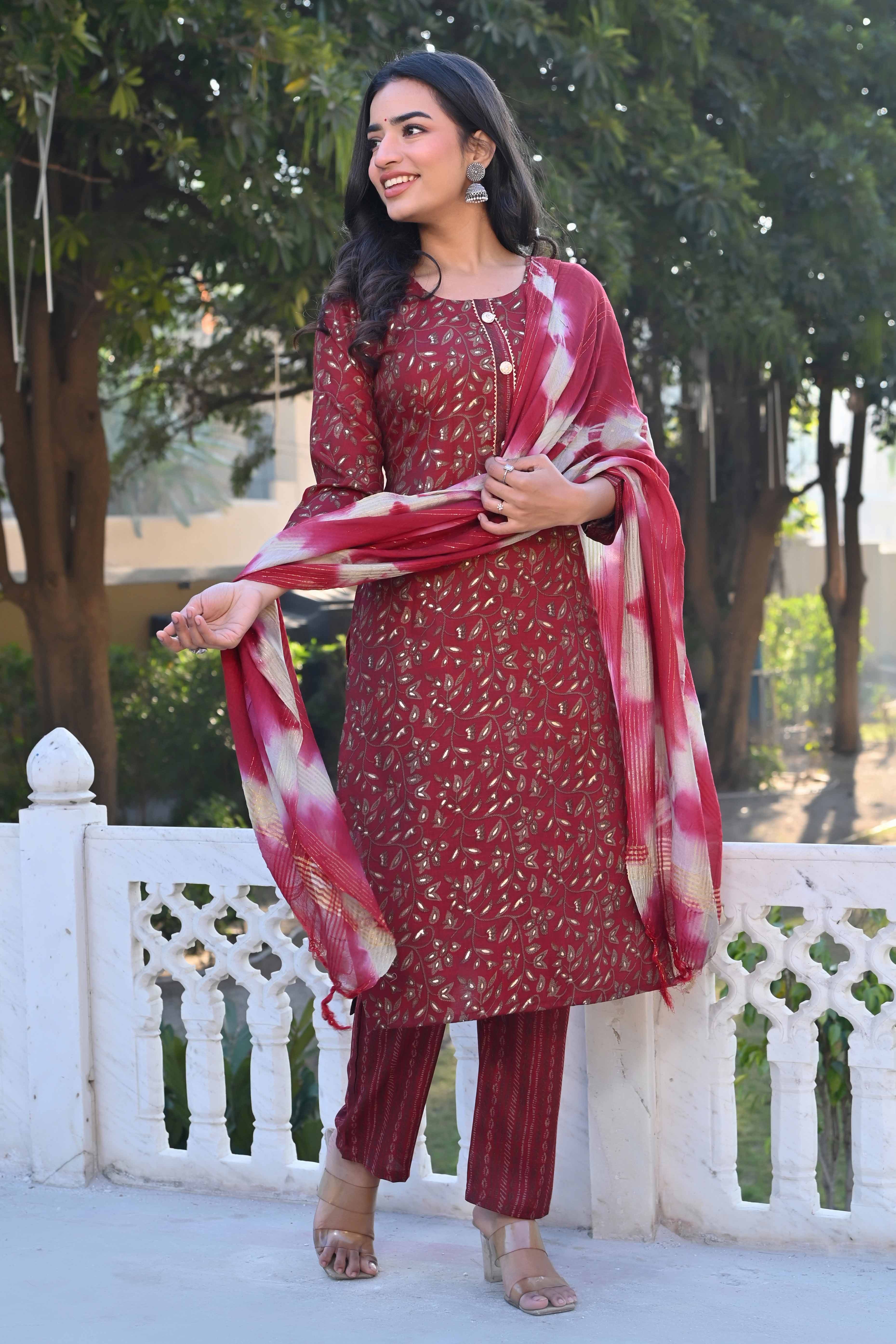 Red Floral Foil Printed Rayon Salwar Suit - Image 6