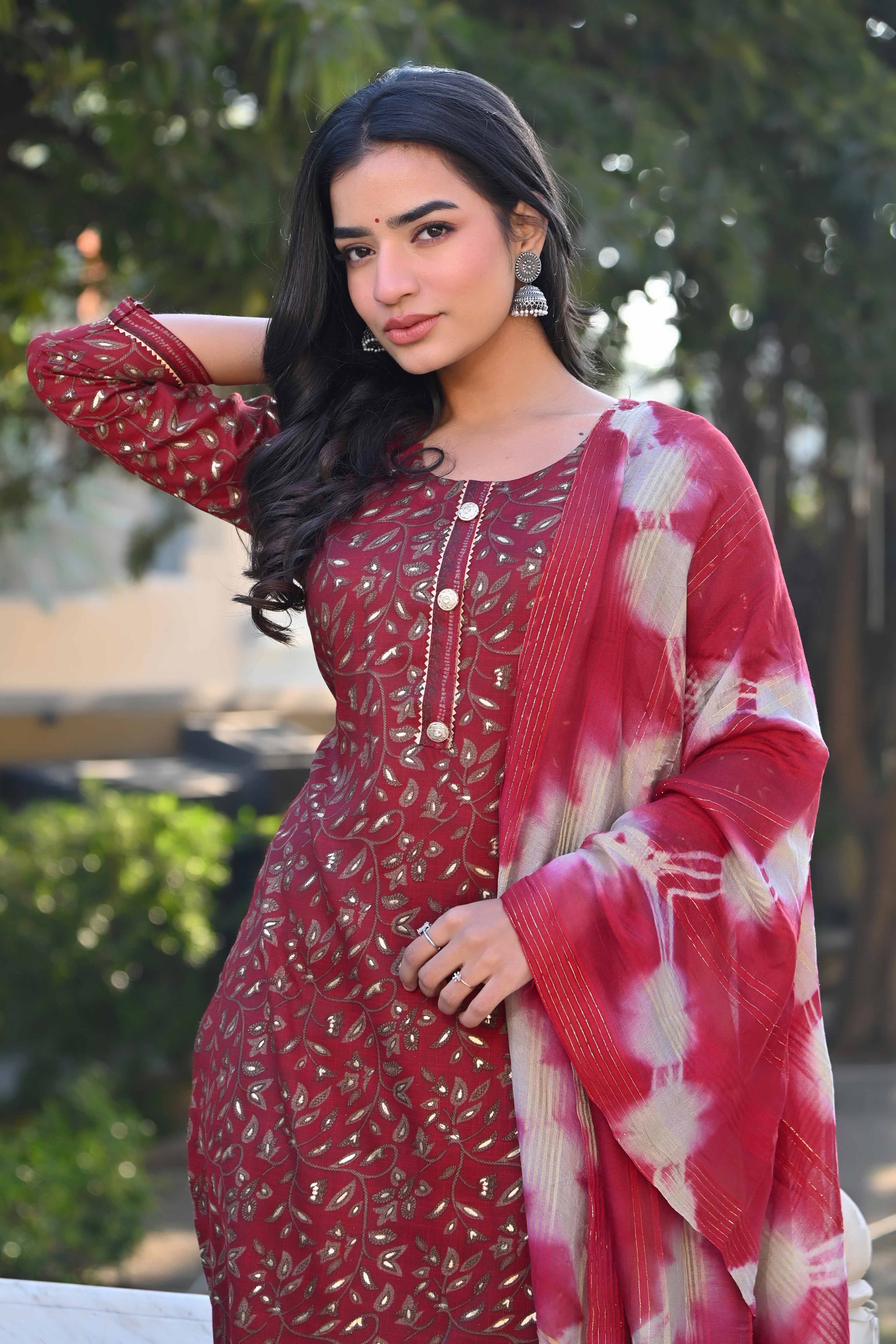 Red Floral Foil Printed Rayon Salwar Suit - Image 8