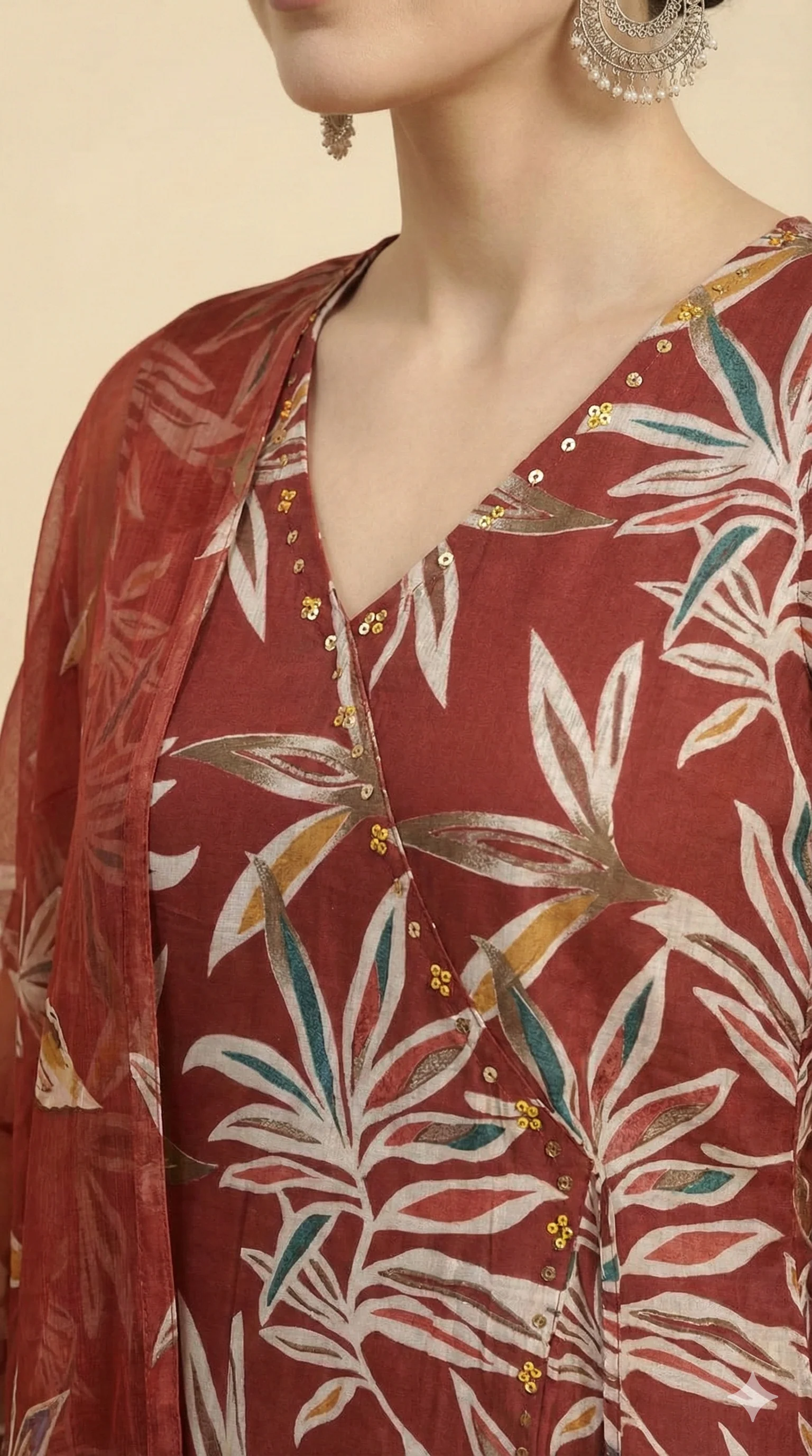 Red Floral Foil Printed Viscose Salwar Suit in Angrakha Design - Image 2