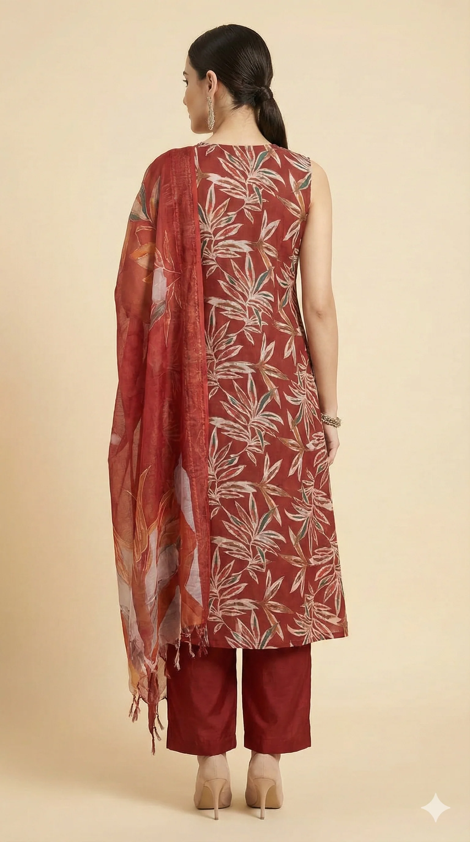 Red Floral Foil Printed Viscose Salwar Suit in Angrakha Design - Image 3