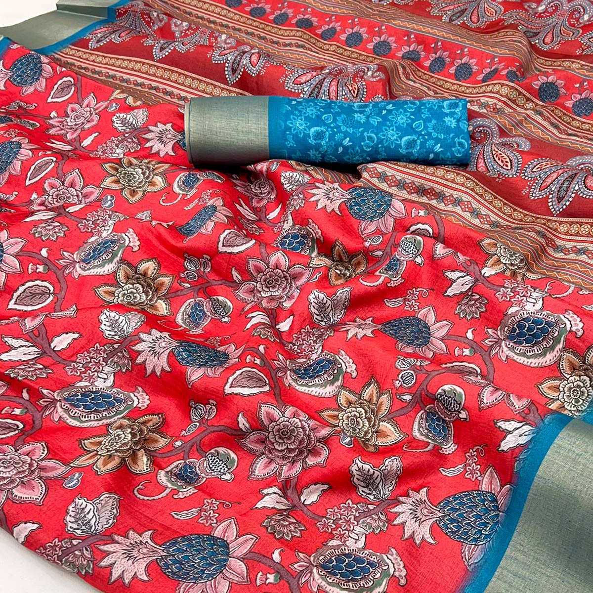 Red Floral Printed Cotton Silk Saree With Woven Border - Image 2