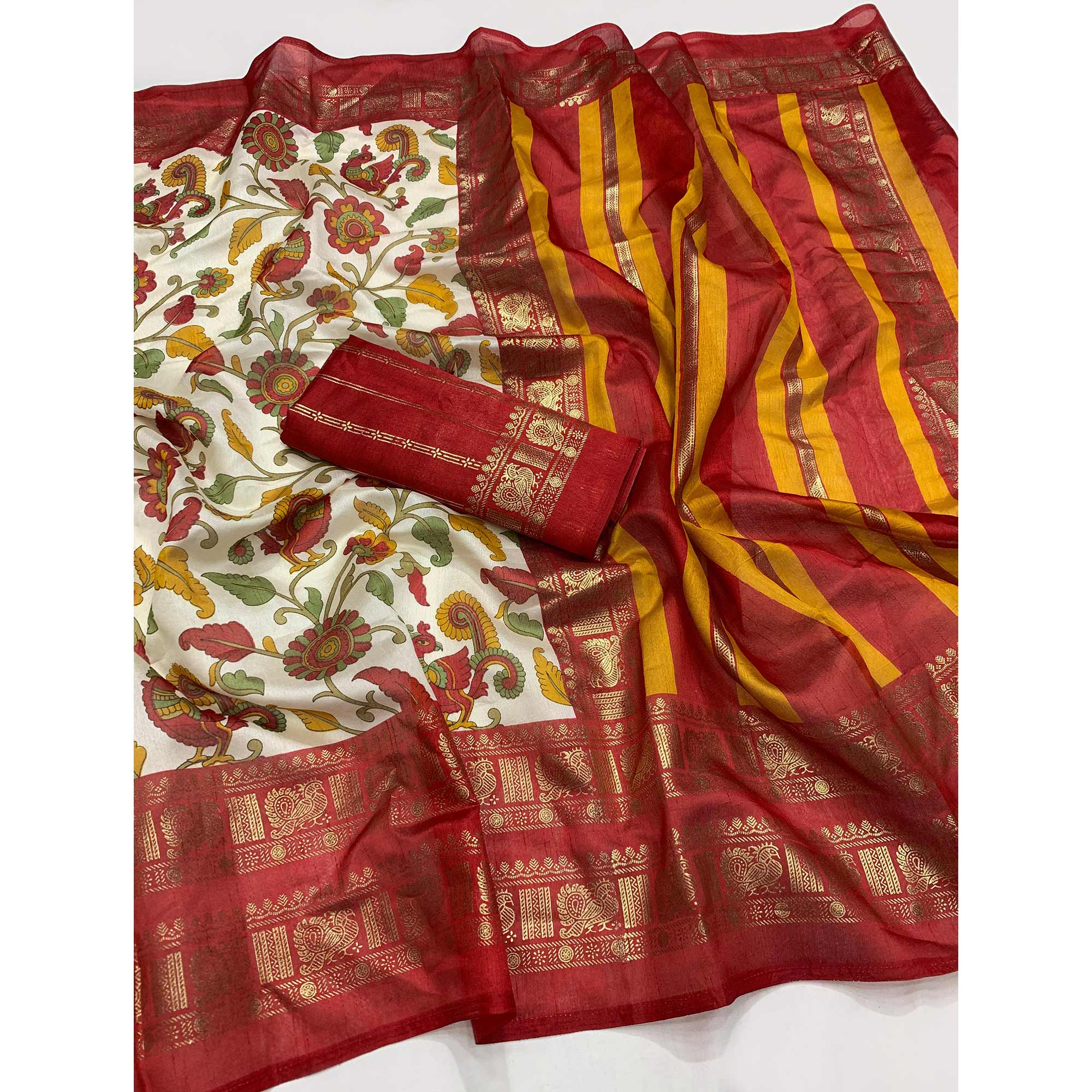Red Floral Printed Dola Silk Saree - Image 4