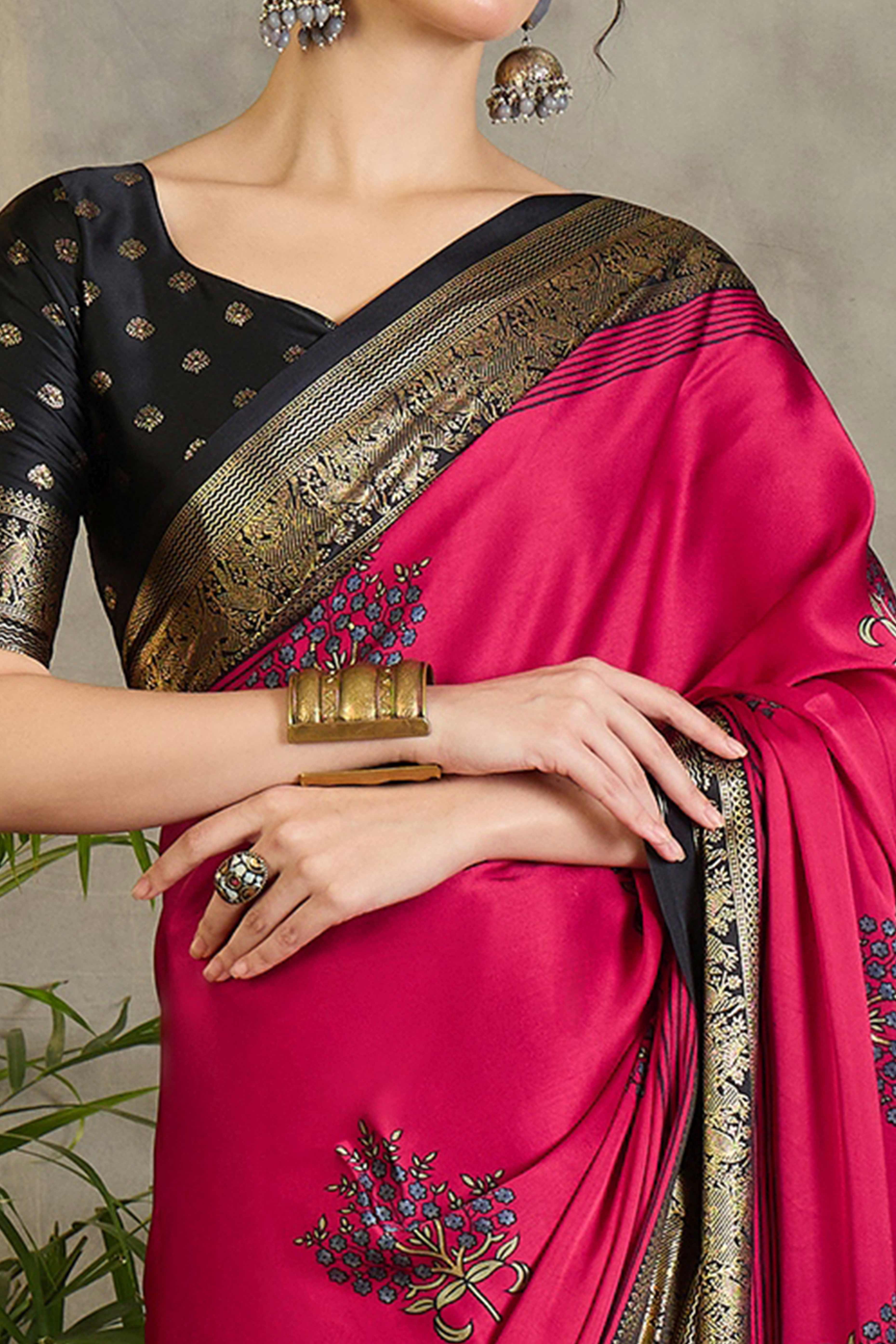 Red Floral Printed Modal Satin Saree with Traditional Zari Detailing - Image 2