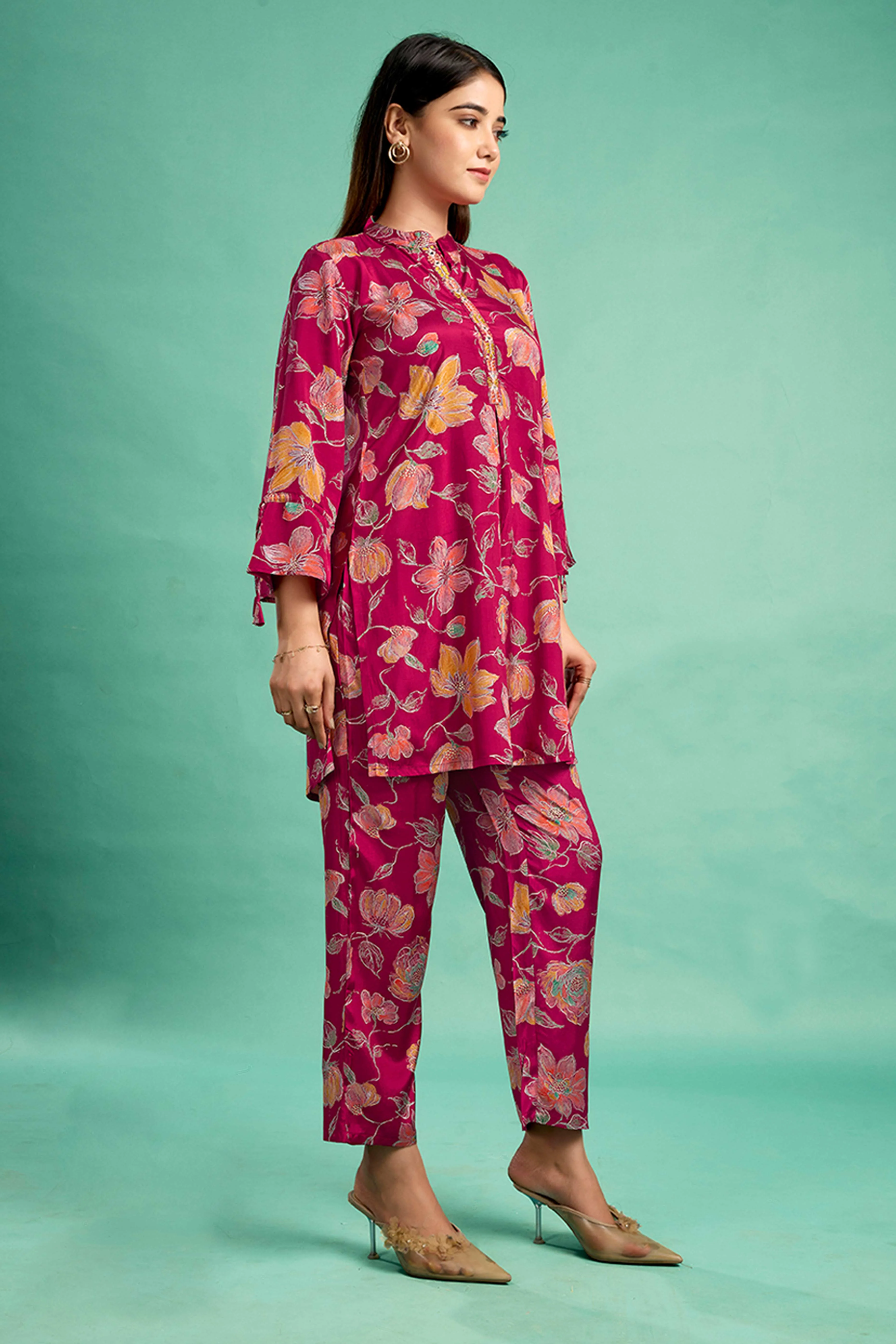 Red Floral Printed Muslin Straight Co-Ord Set - Image 4