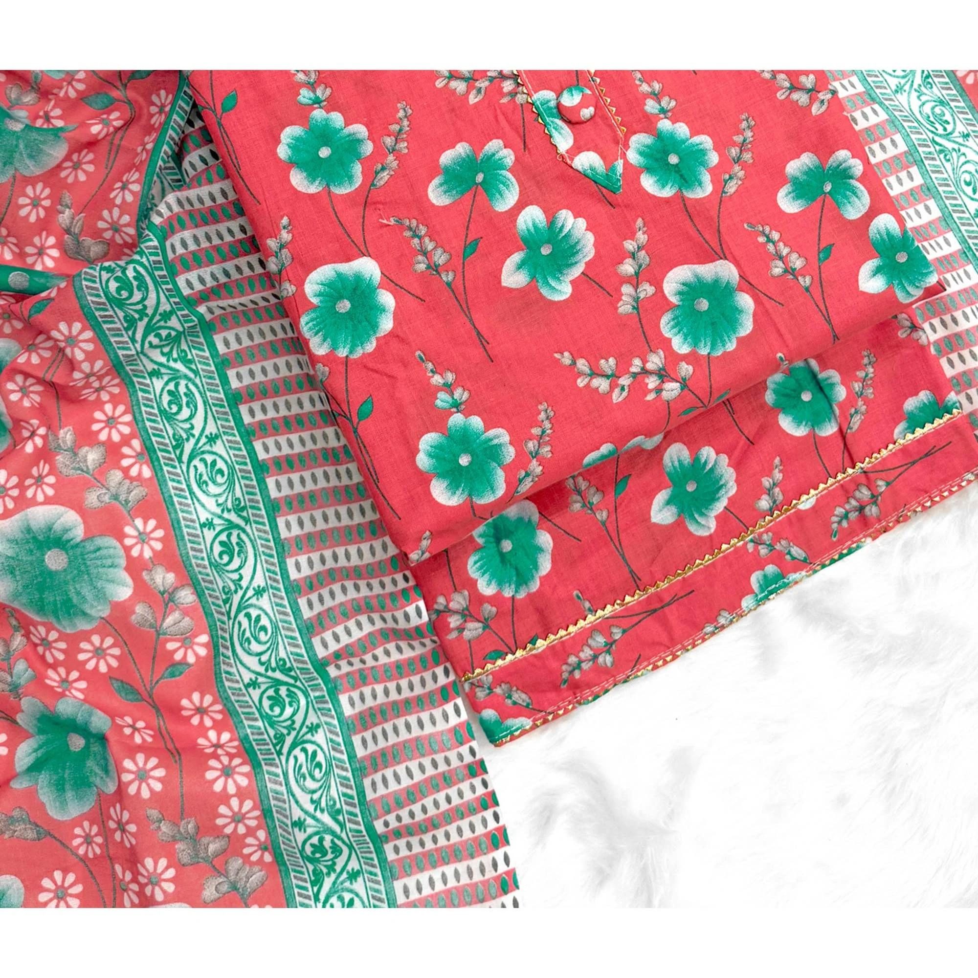 Red Floral Printed Pure Cotton Dress Material With Stylish Tie Neck & Fancy Button Work - Image 5
