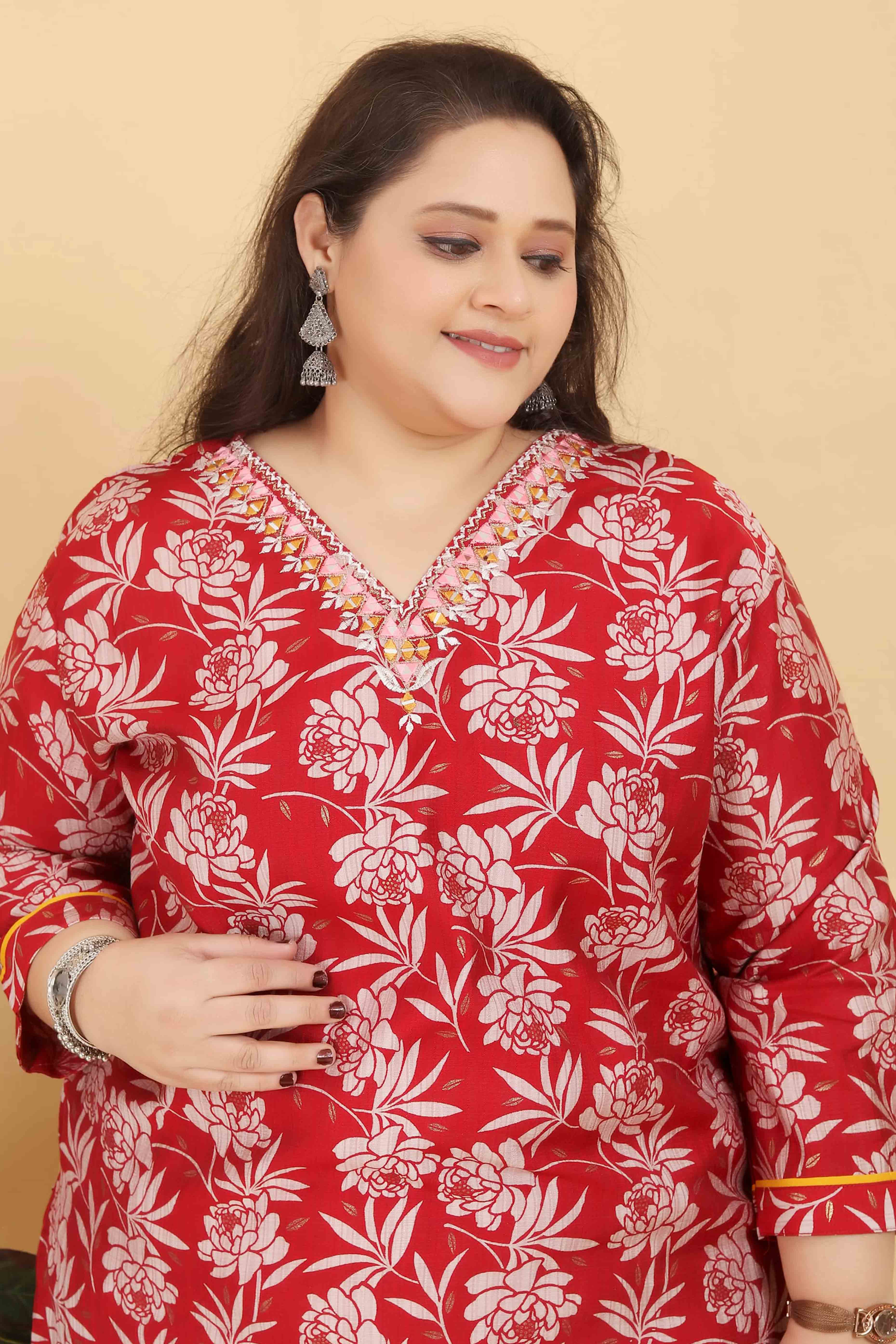 Red Floral Printed Viscose Straight Salwar Suit - Image 4