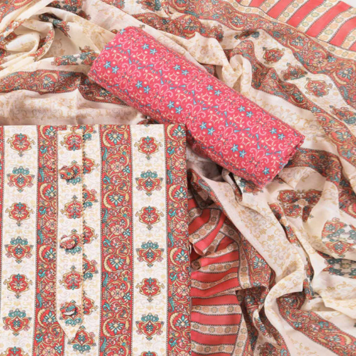 Red Floral Printed With Gota Patti Work Pure Cotton Dress Material - Image 2