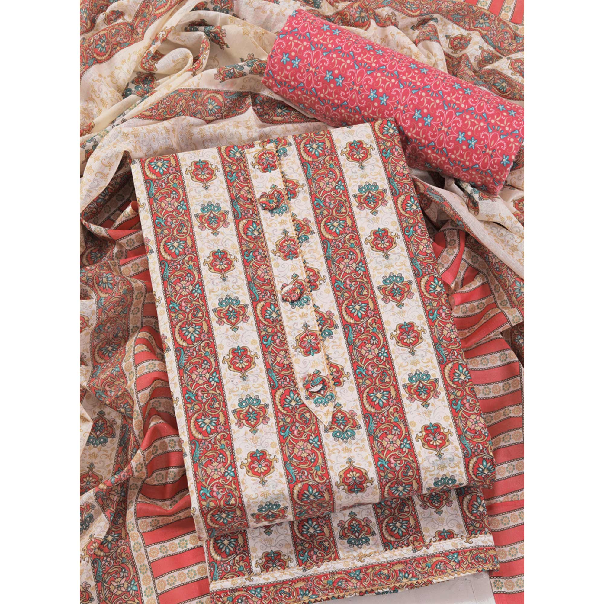 Red Floral Printed With Gota Patti Work Pure Cotton Dress Material - Image 3