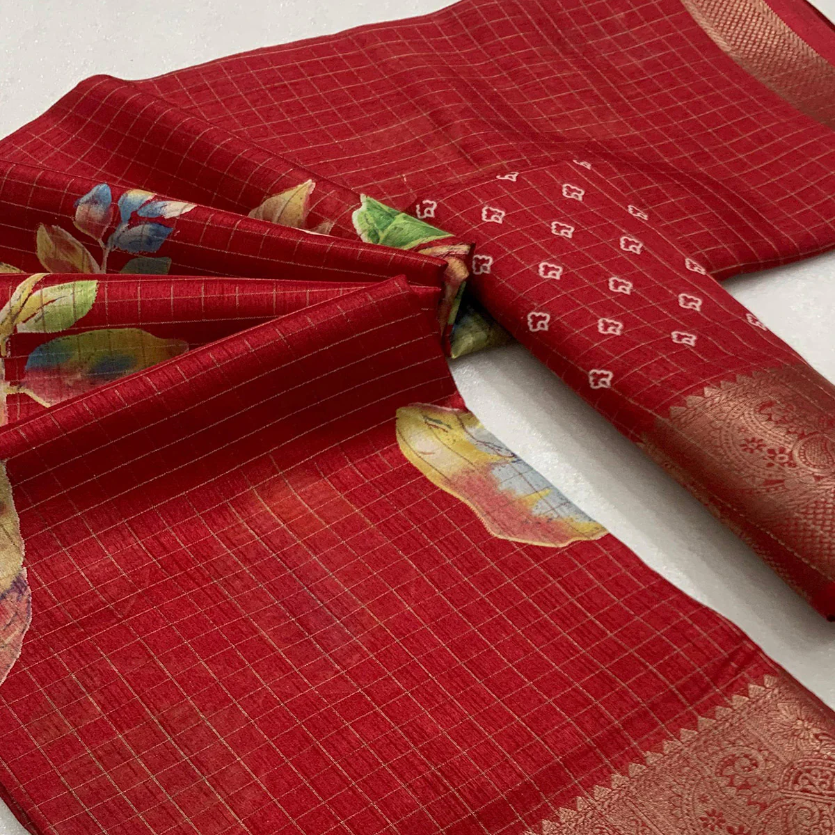 Red Floral Printed With Woven Dola Silk Saree - Image 2