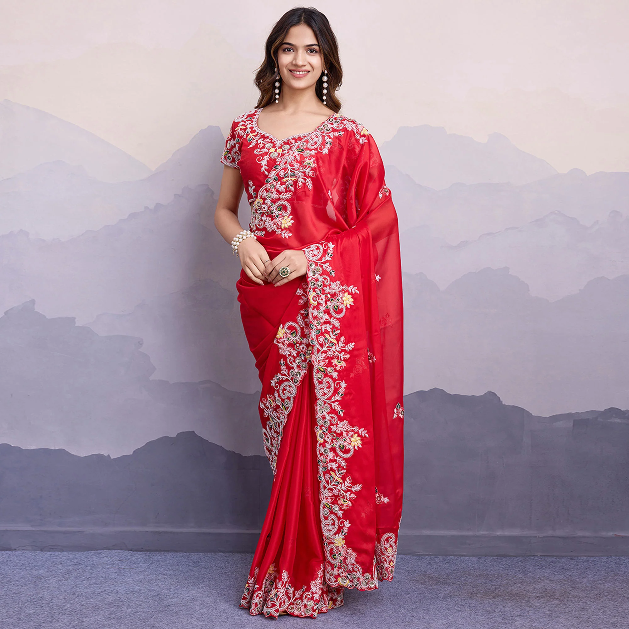 Red Floral Sequins Embroidered Art Silk Saree - Image 2