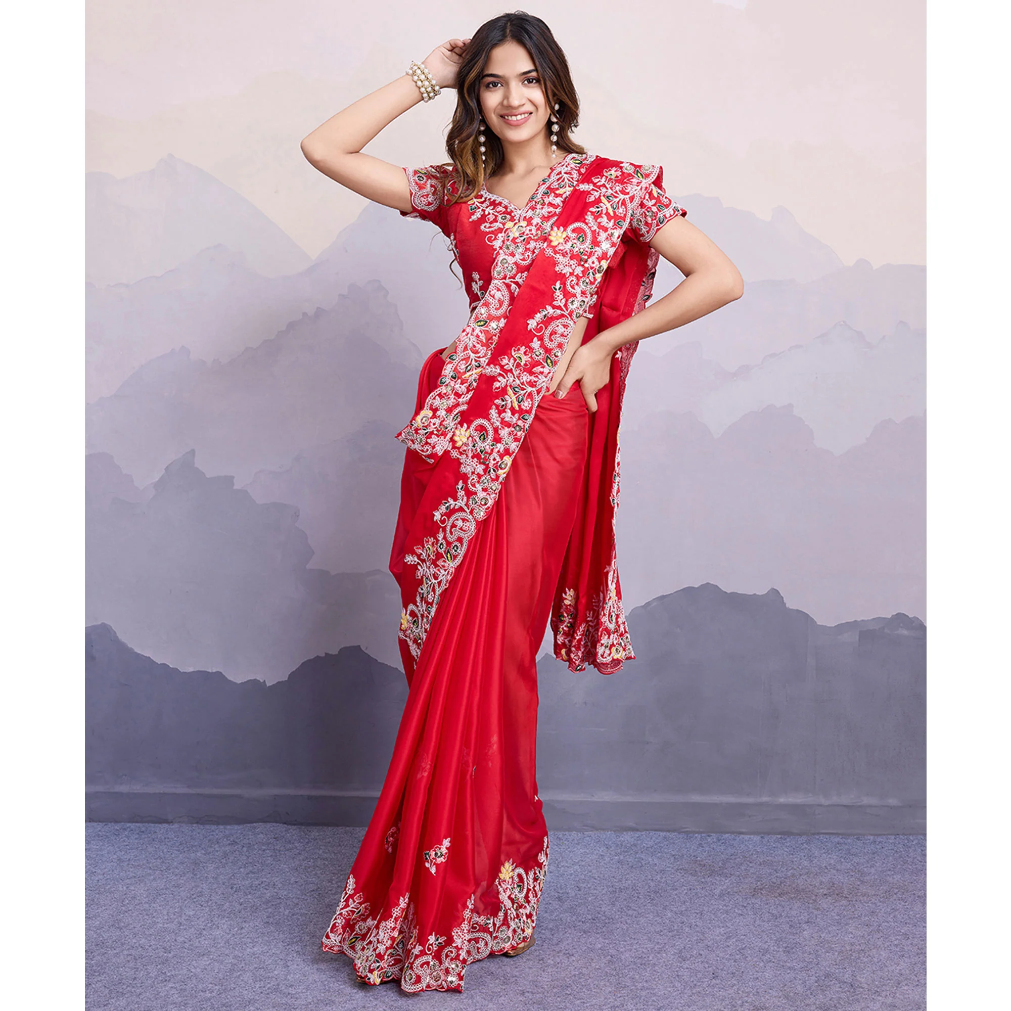 Red Floral Sequins Embroidered Art Silk Saree - Image 5