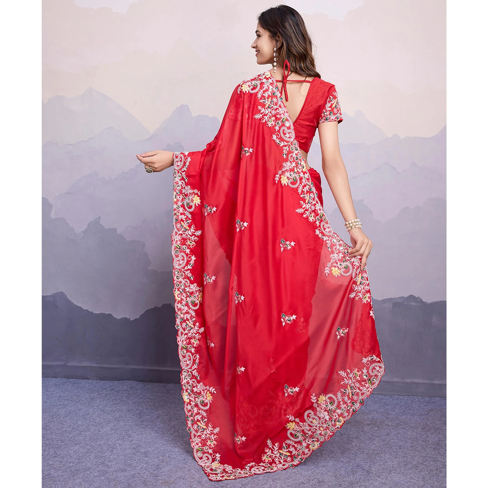 Red Floral Sequins Embroidered Art Silk Saree - Image 6