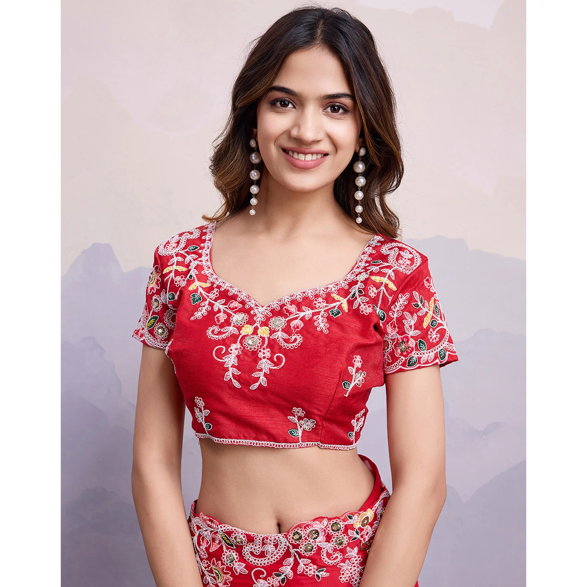 Red Floral Sequins Embroidered Art Silk Saree - Image 8