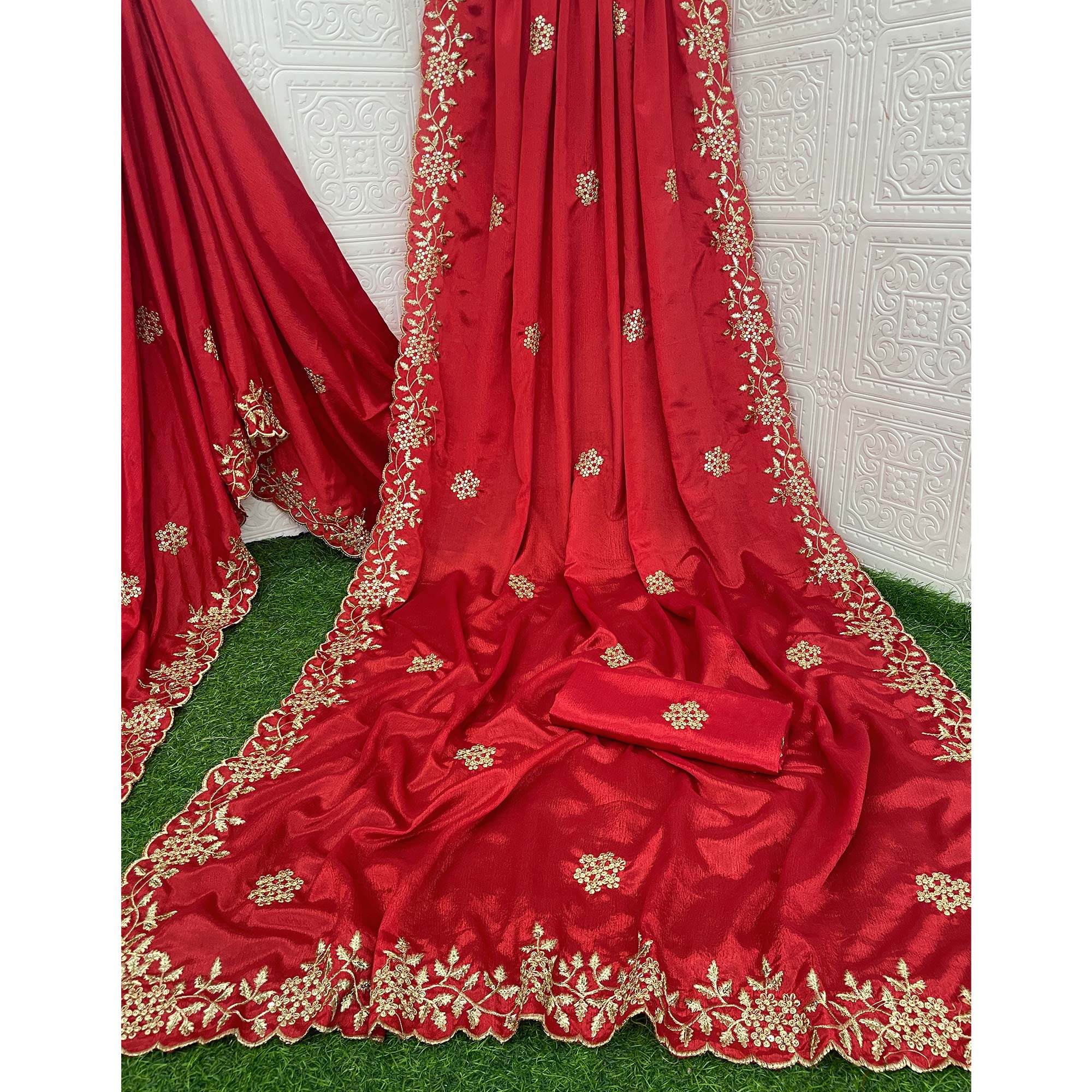 Red Floral Sequins Embroidered Chinon Saree - Image 3