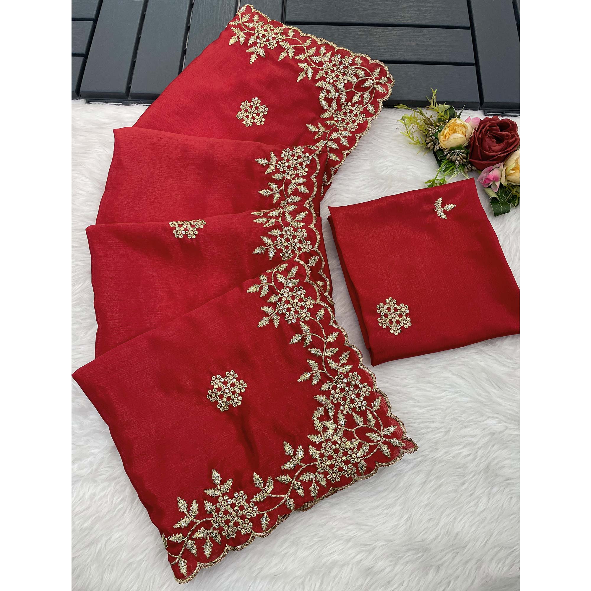 Red Floral Sequins Embroidered Chinon Saree - Image 4