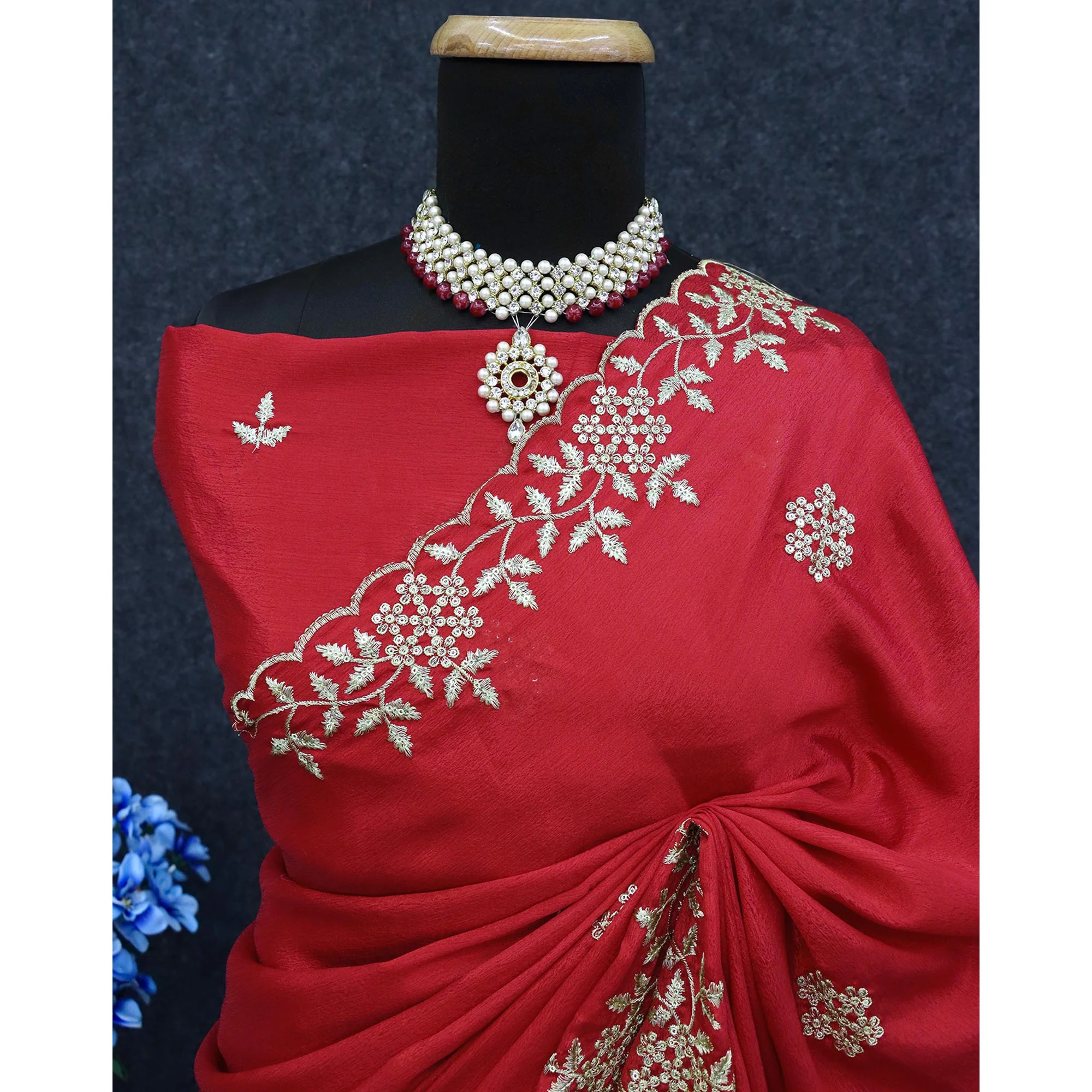 Red Floral Sequins Embroidered Chinon Saree - Image 7