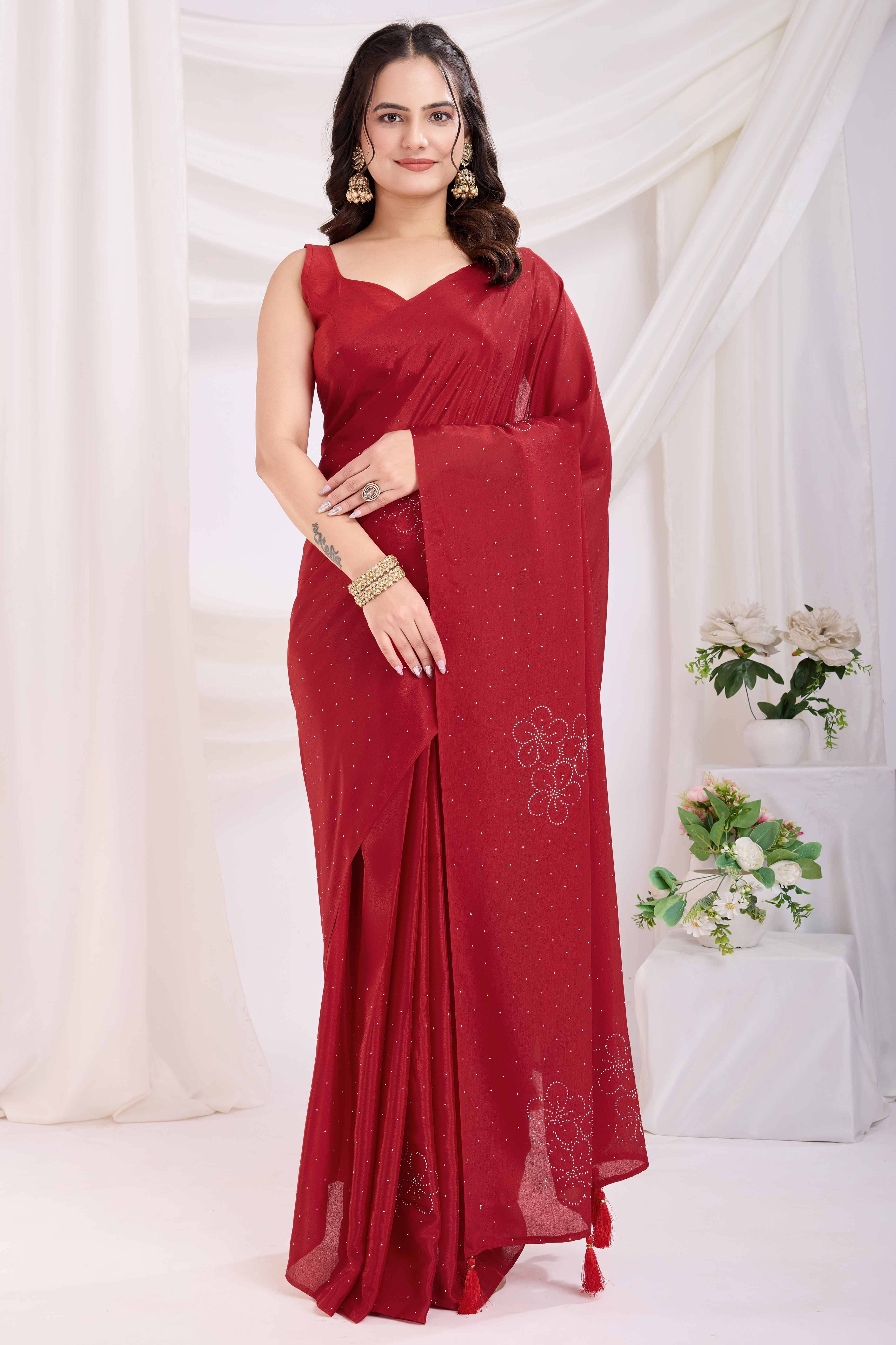 Red Floral Swarovski Work Rangoli Art Silk Ready To Wear Saree - Image 3