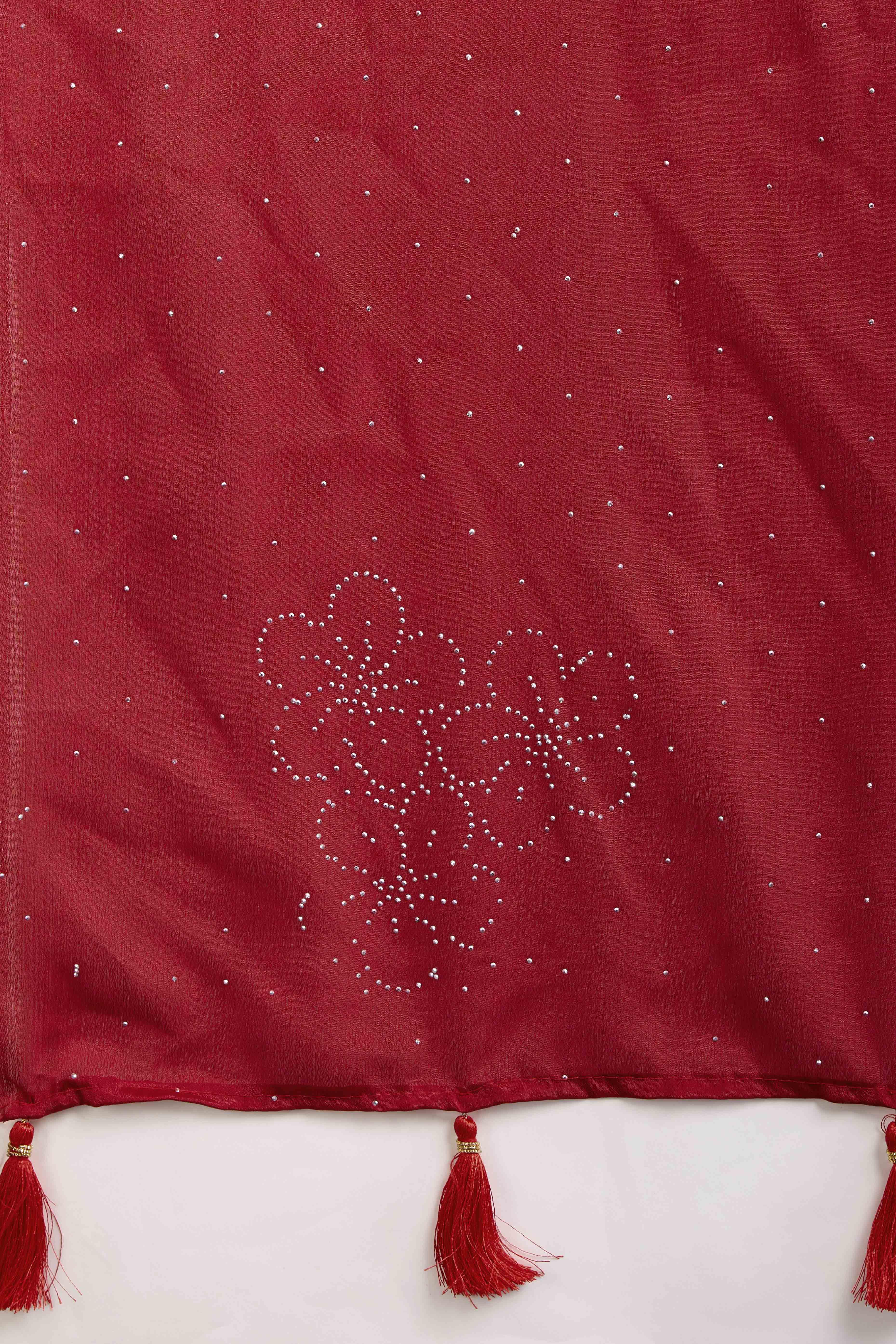 Red Floral Swarovski Work Rangoli Art Silk Ready To Wear Saree - Image 9