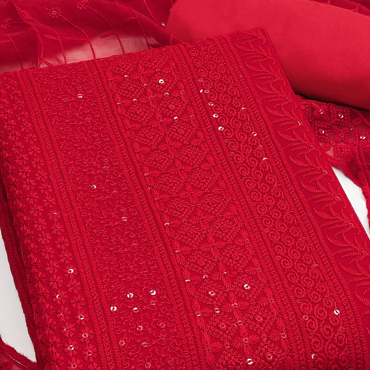 Red Floral Thread Embroidery With Sequins Highlighted Georgette Dress Material - Image 2
