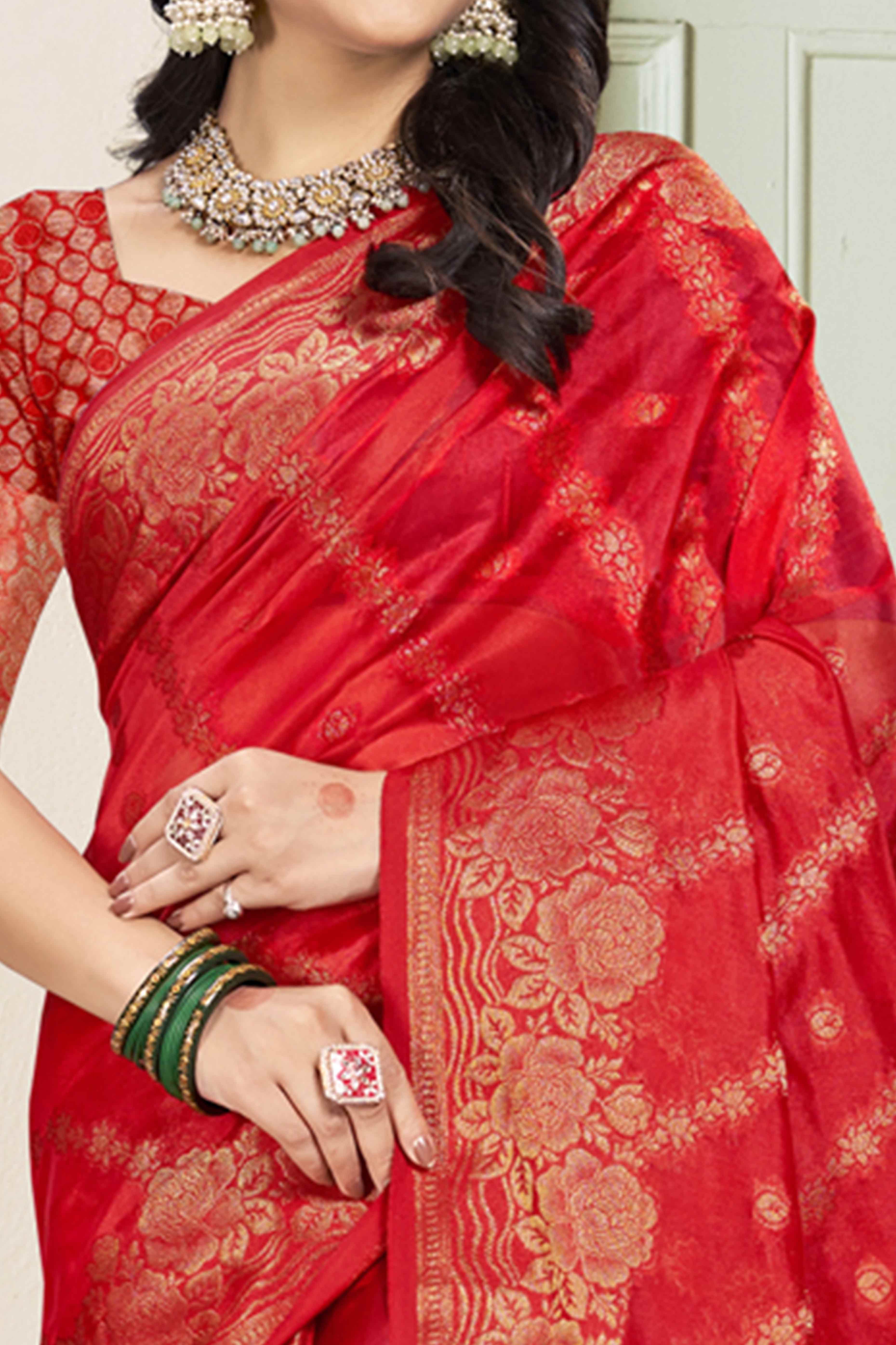 Red Floral Woven Cotton Silk Saree - Image 2