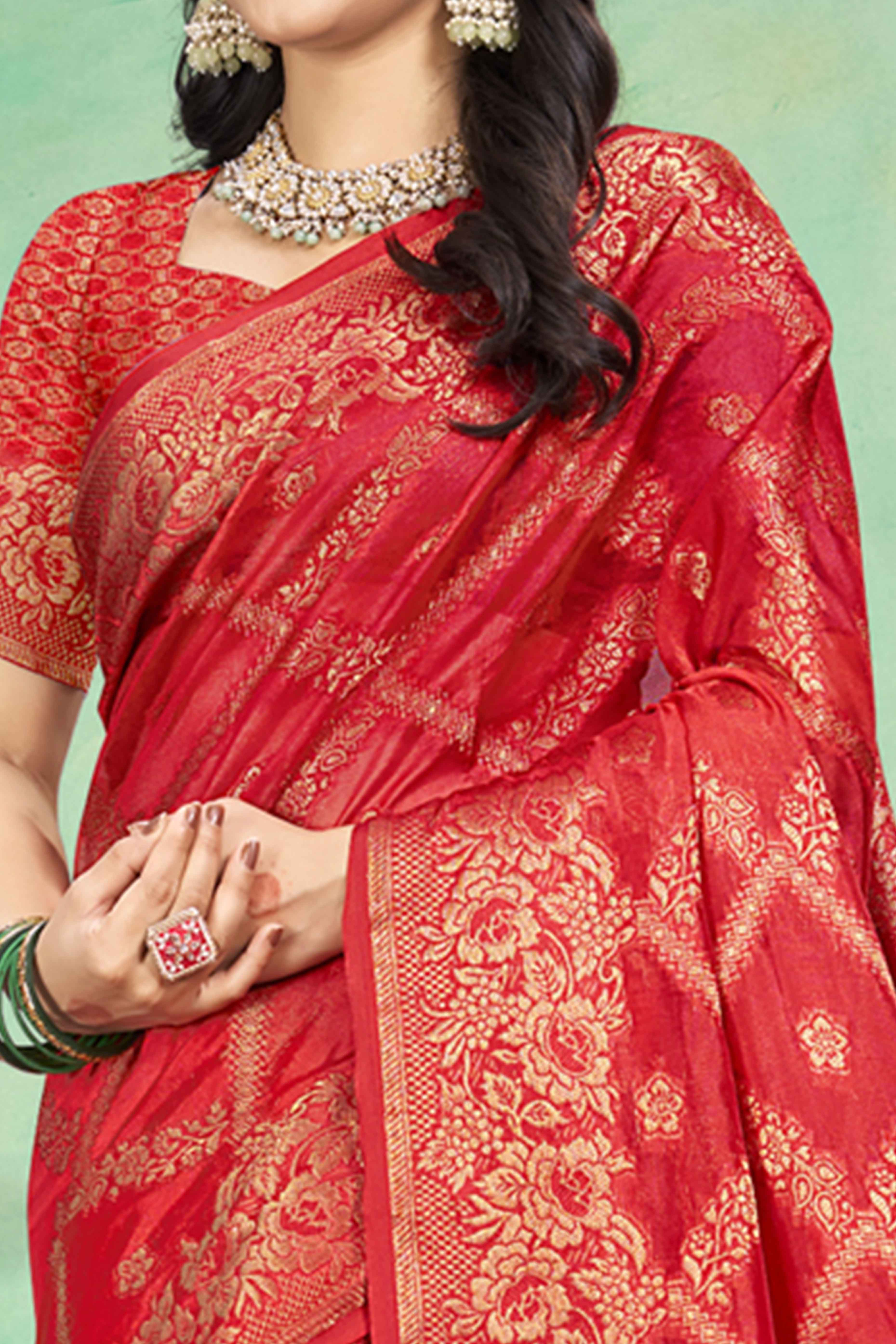 Red Floral Woven Cotton Silk Saree - Image 2
