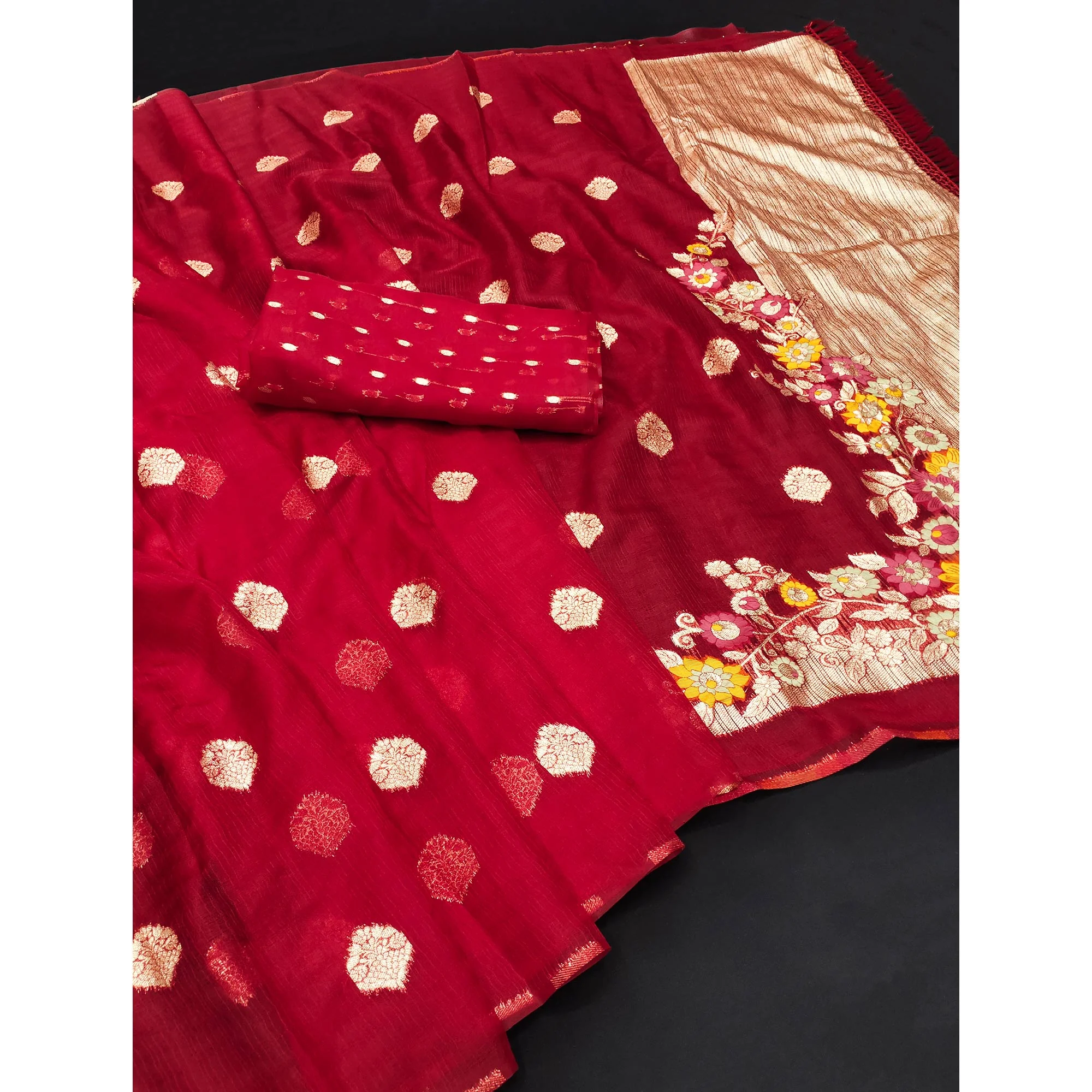 Red Floral Woven Organza Saree With Tassels - Image 3