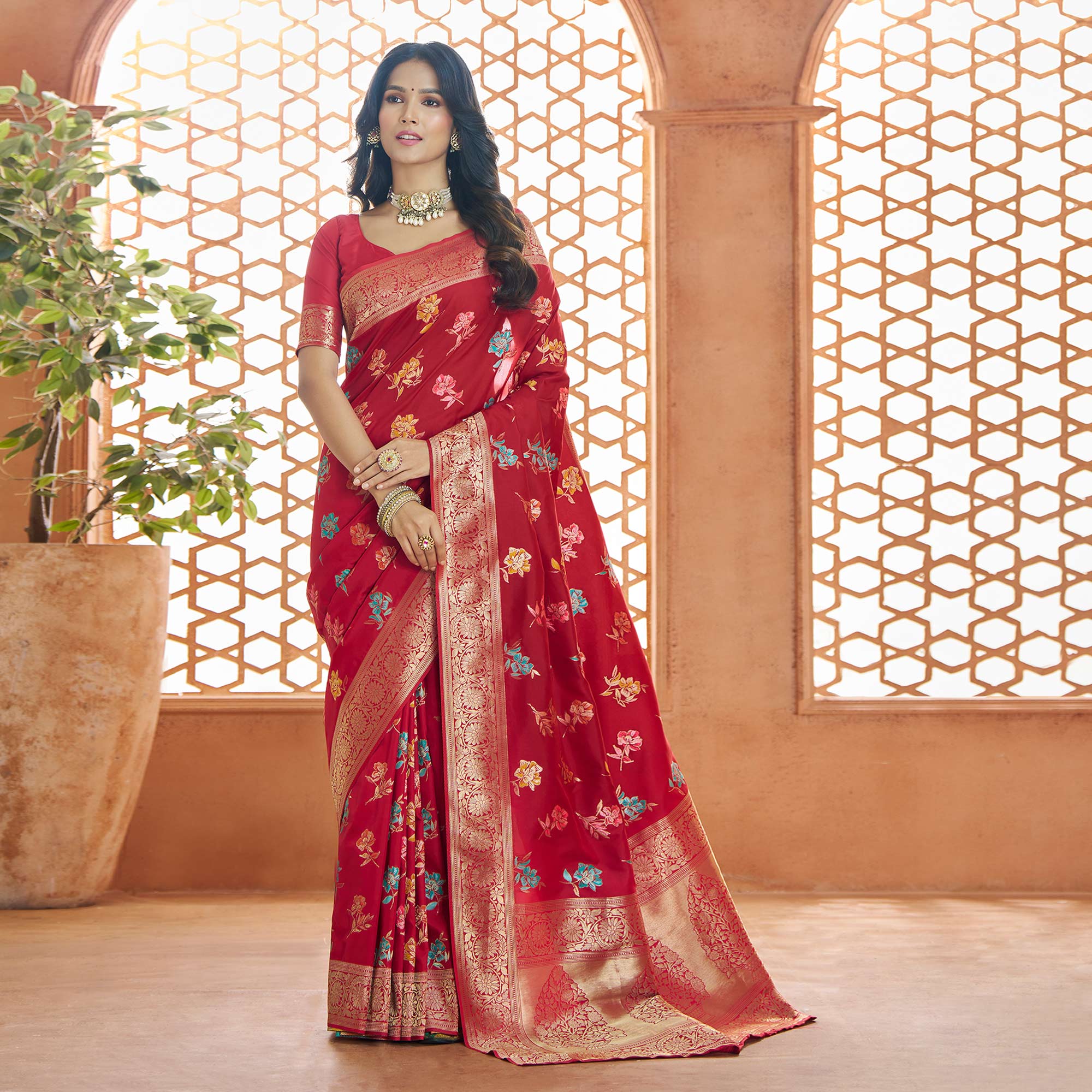 Red Floral Woven Pure Banarasi Silk Saree - Image 2
