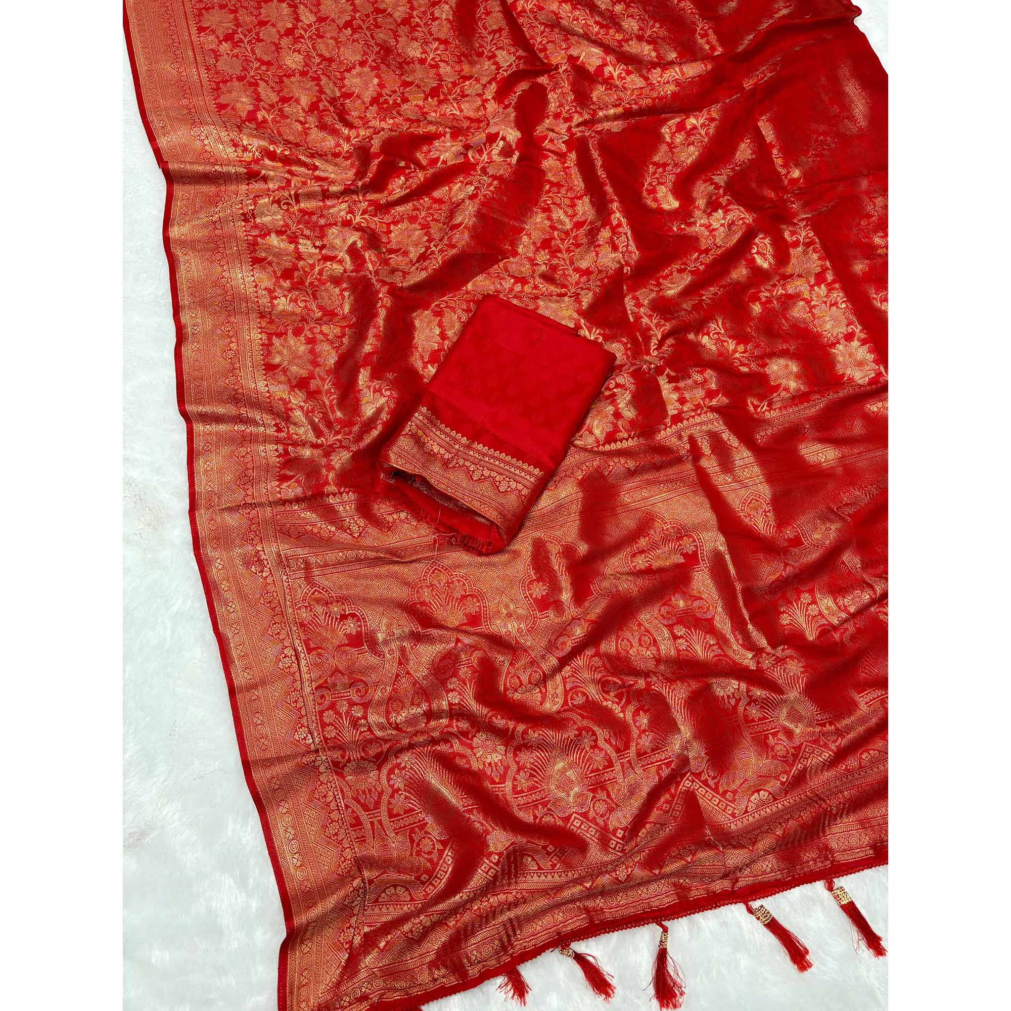 Red Floral Woven Saree in Premium Pure Silk - Image 3