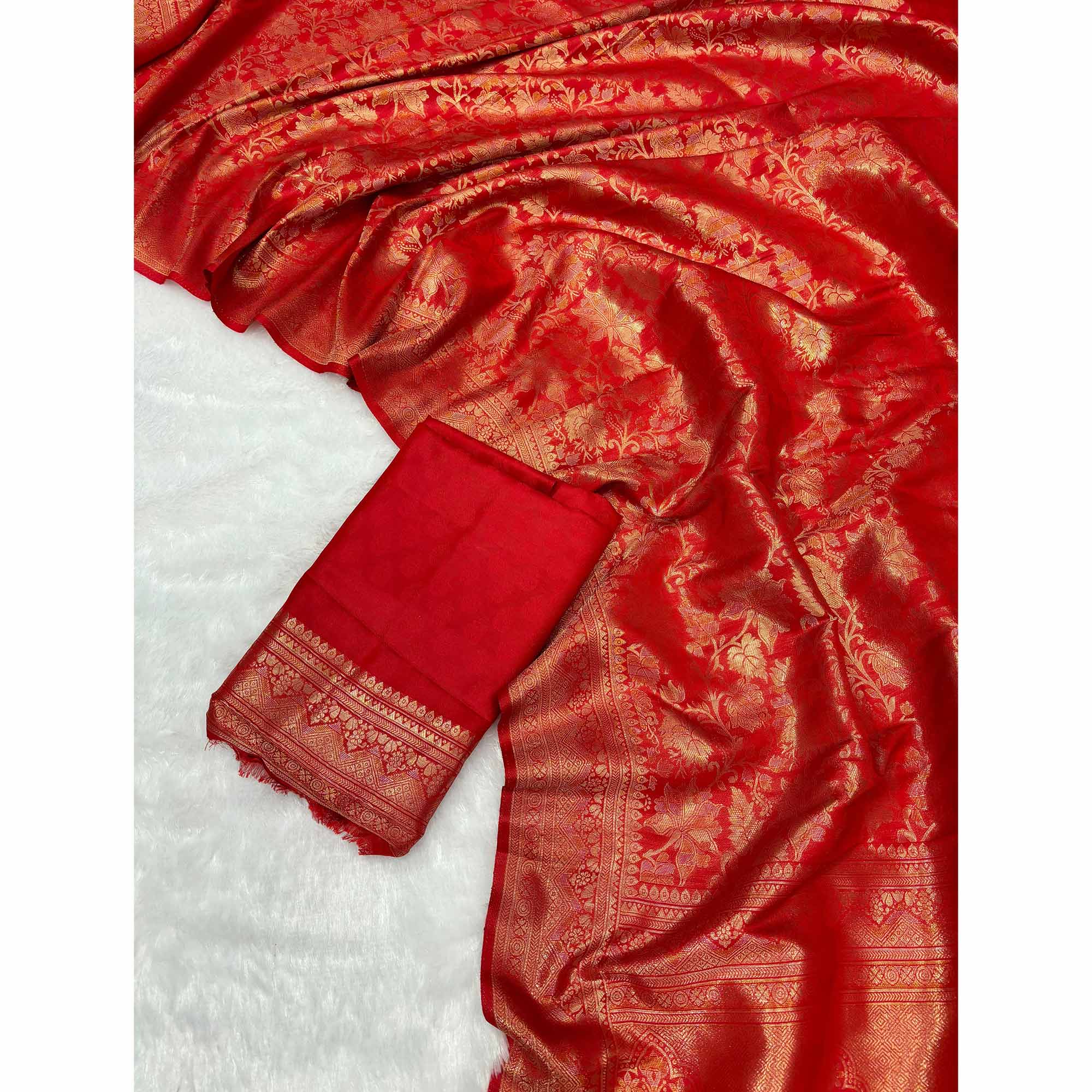 Red Floral Woven Saree in Premium Pure Silk - Image 4