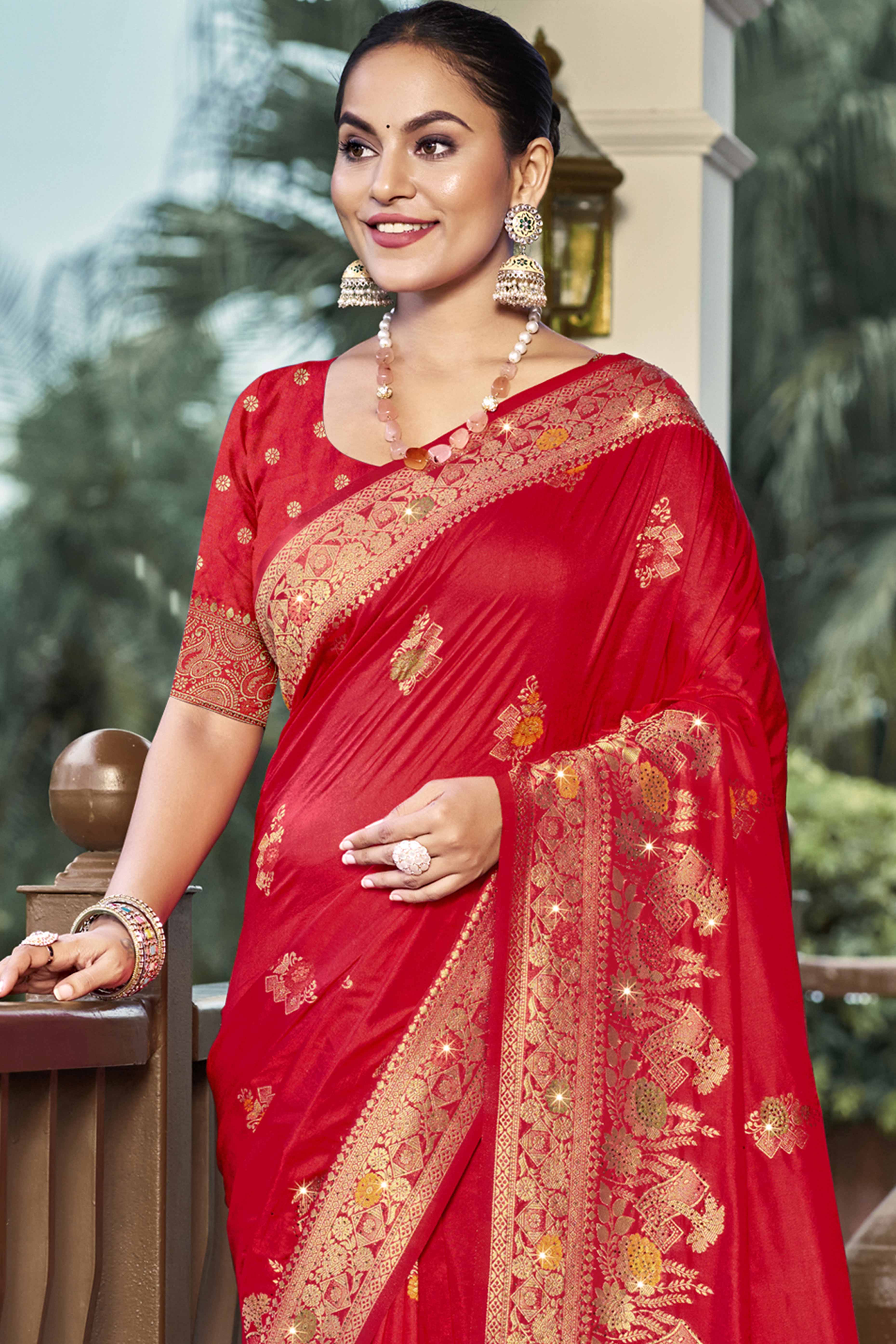 Red Floral Woven With Swarovski Work Pure Silk Saree With Tassels - Image 3
