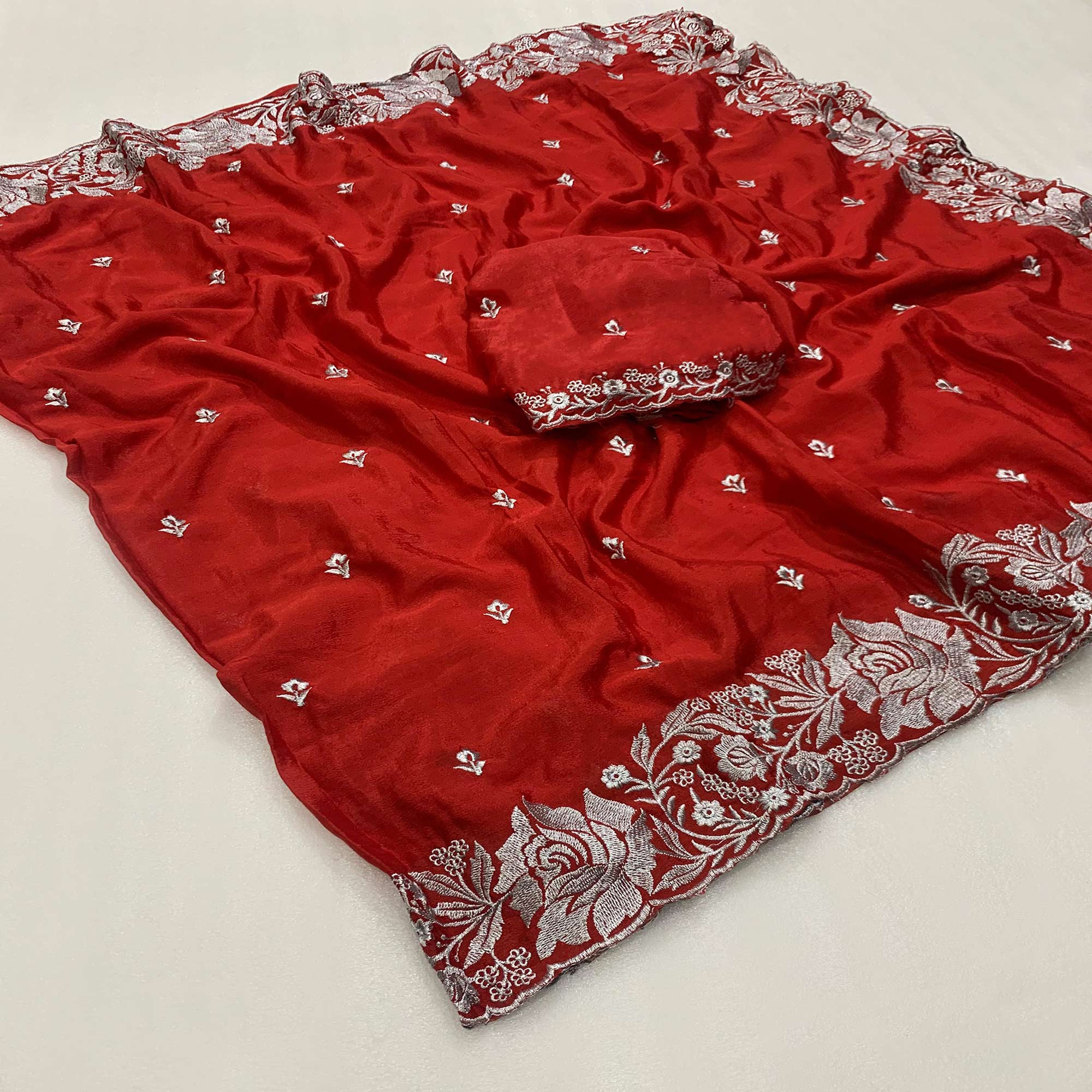 Red Floral Zari Embroidered Chinon Silk Saree - Image 3