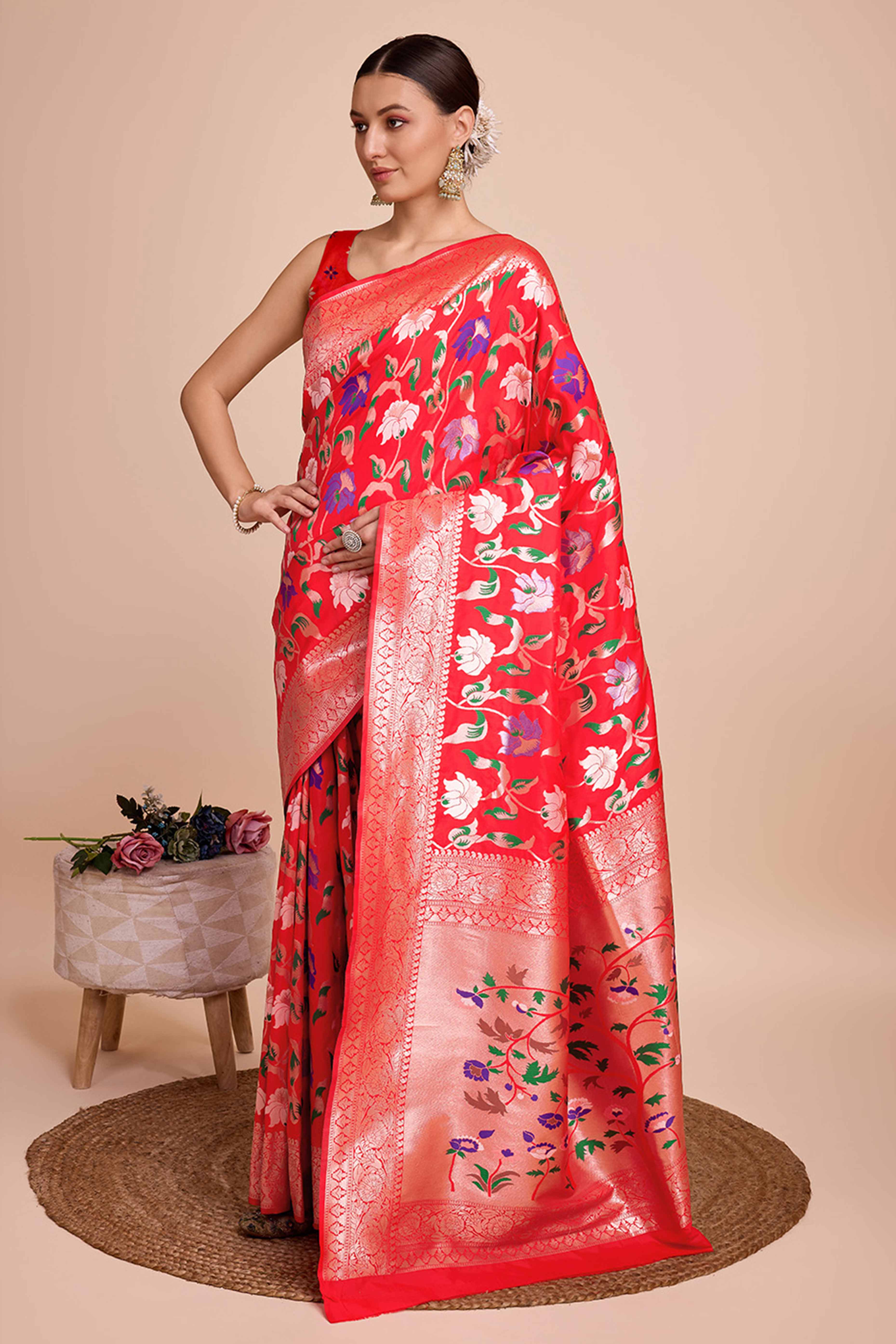 Red Floral Zari Weaving Pure Silk Paithani Saree - Image 3