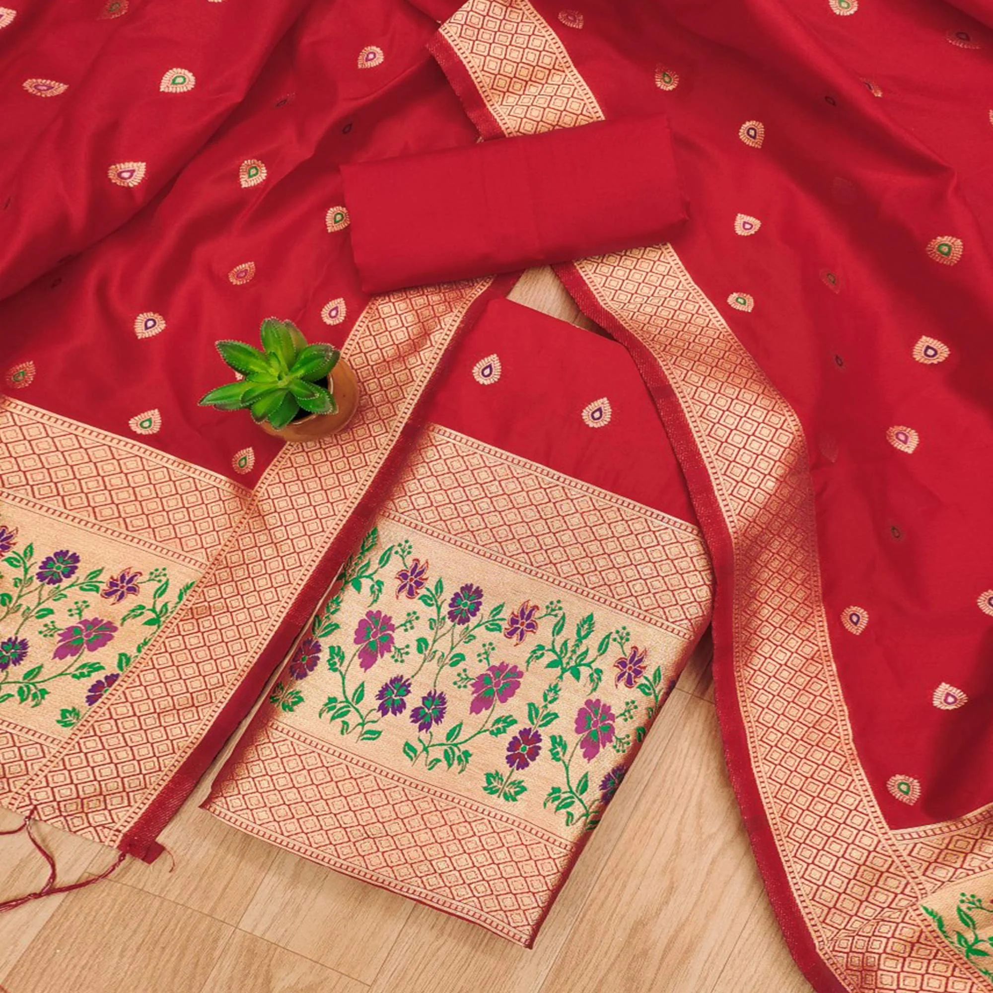 Red Floral Zari Woven Banarasi Silk Dress Material