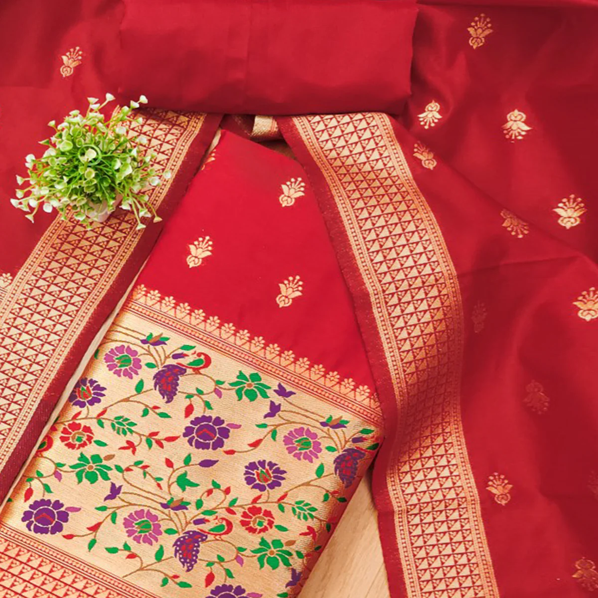 Red Floral Zari Woven Banarasi Silk Dress Material - Image 2