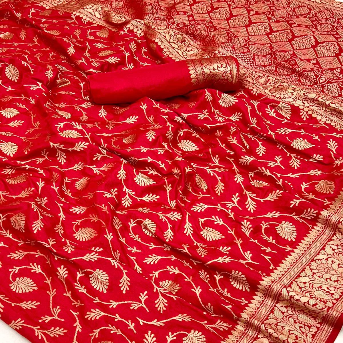 Red Floral Zari Woven Dola Silk Saree - Image 2