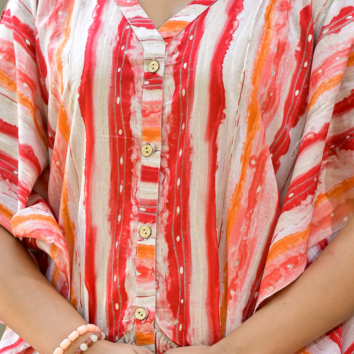 Red Foil Printed Cambric Cotton Kaftan Style Co-Ord Set - Image 3
