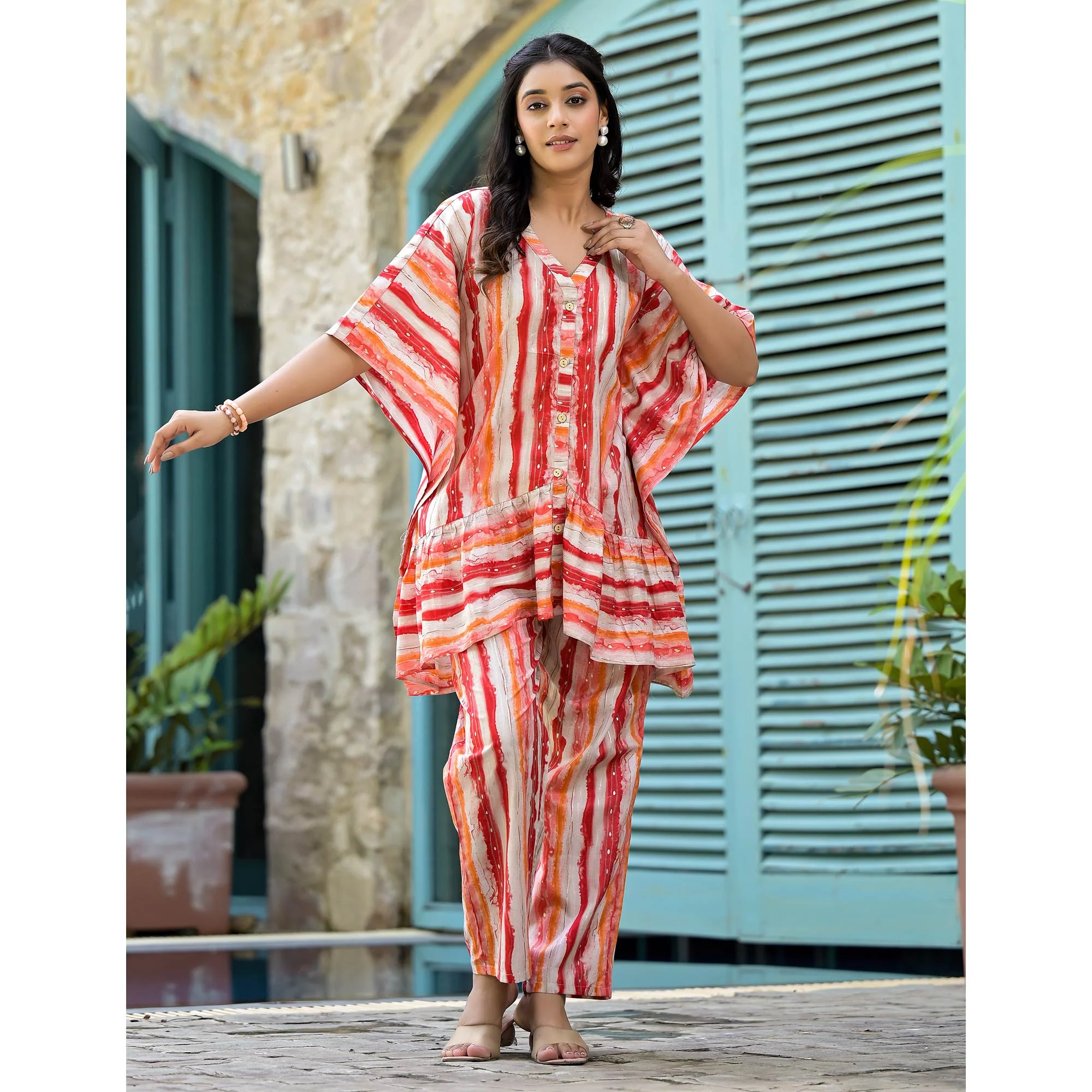 Red Foil Printed Cambric Cotton Kaftan Style Co-Ord Set - Image 4