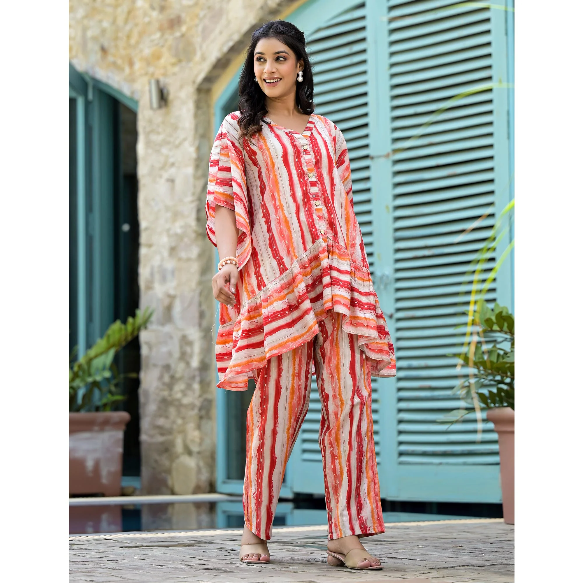 Red Foil Printed Cambric Cotton Kaftan Style Co-Ord Set - Image 5
