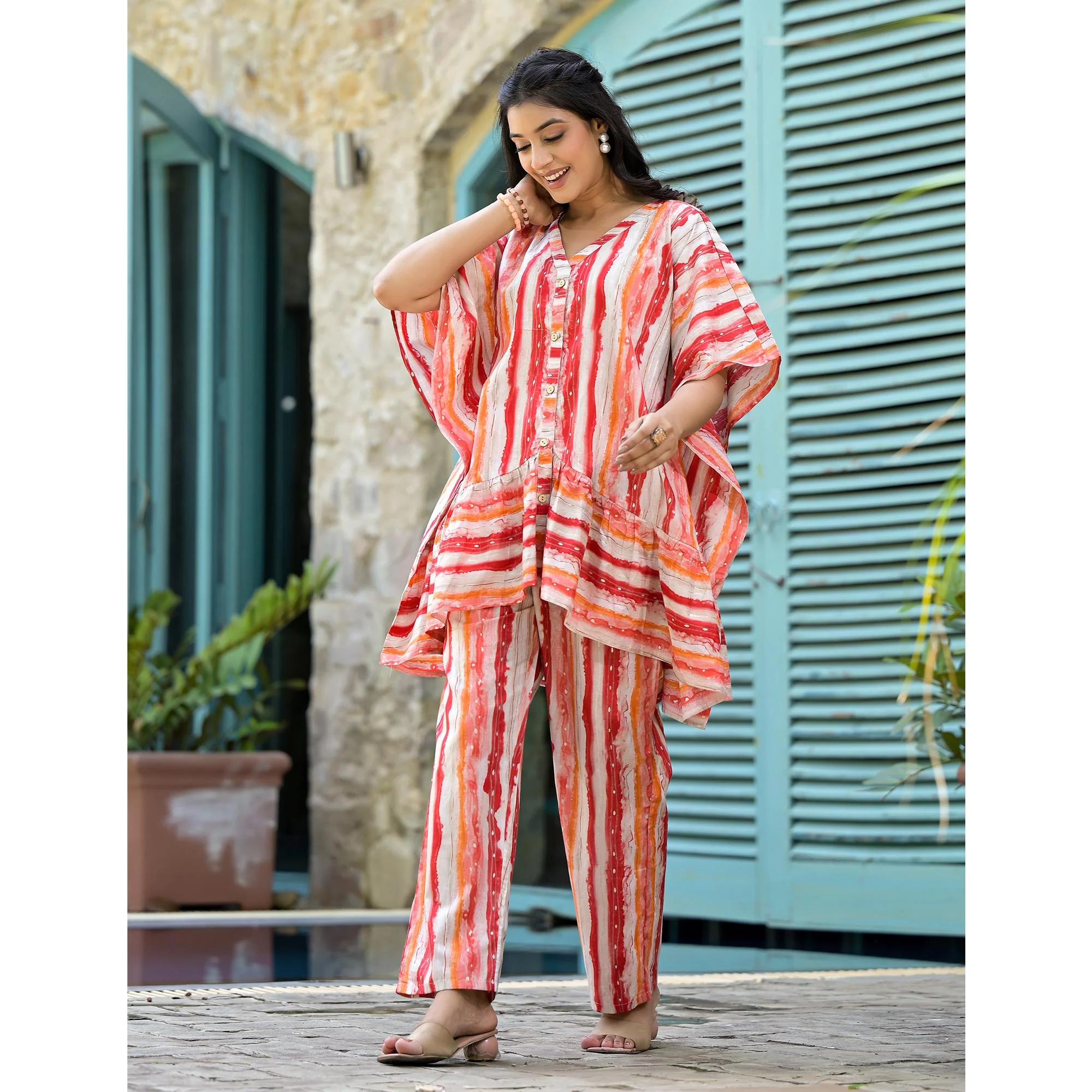 Red Foil Printed Cambric Cotton Kaftan Style Co-Ord Set - Image 6