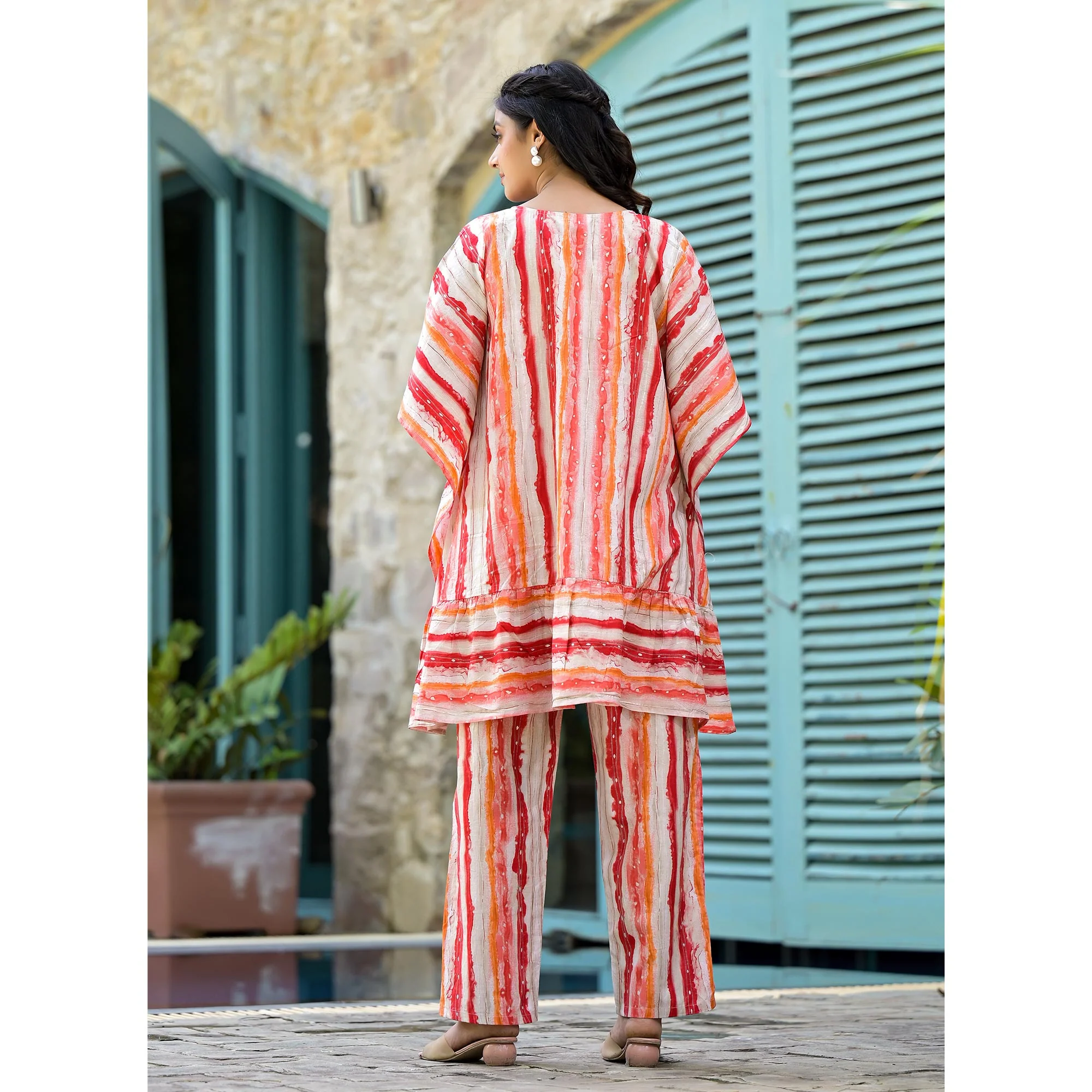 Red Foil Printed Cambric Cotton Kaftan Style Co-Ord Set - Image 7