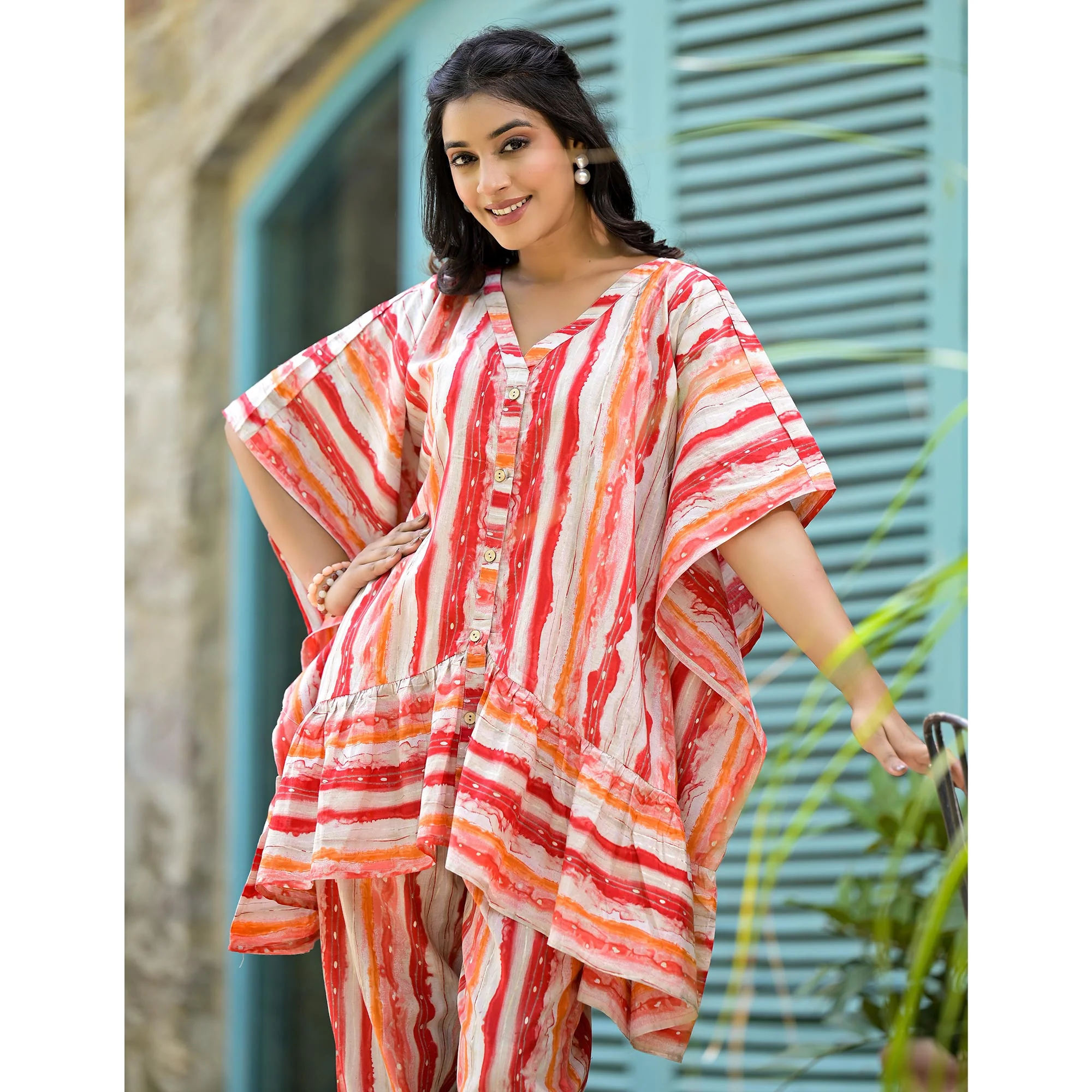 Red Foil Printed Cambric Cotton Kaftan Style Co-Ord Set - Image 8
