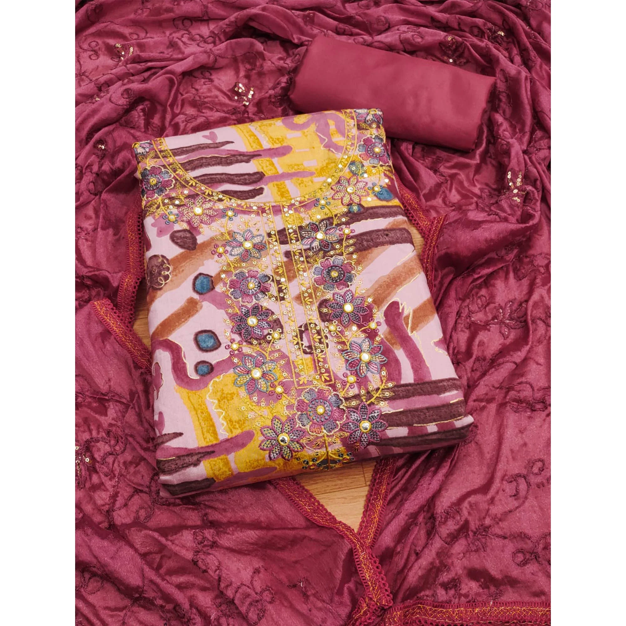 Red Foil Printed Pure Cotton Dress Material - Image 3
