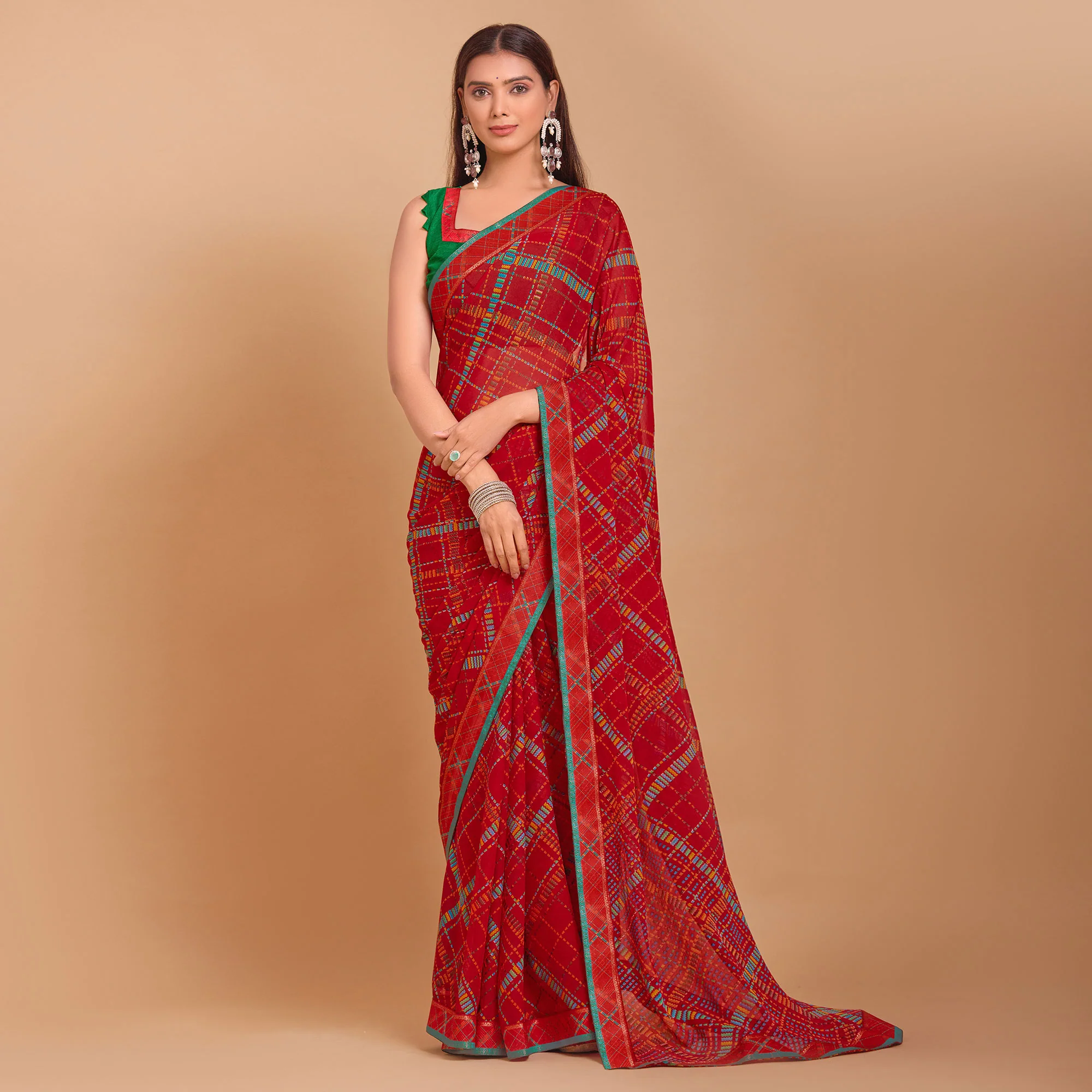 Red Geometric Printed Chiffon Saree - Image 2