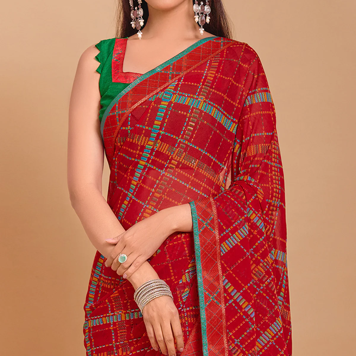 Red Geometric Printed Chiffon Saree - Image 3