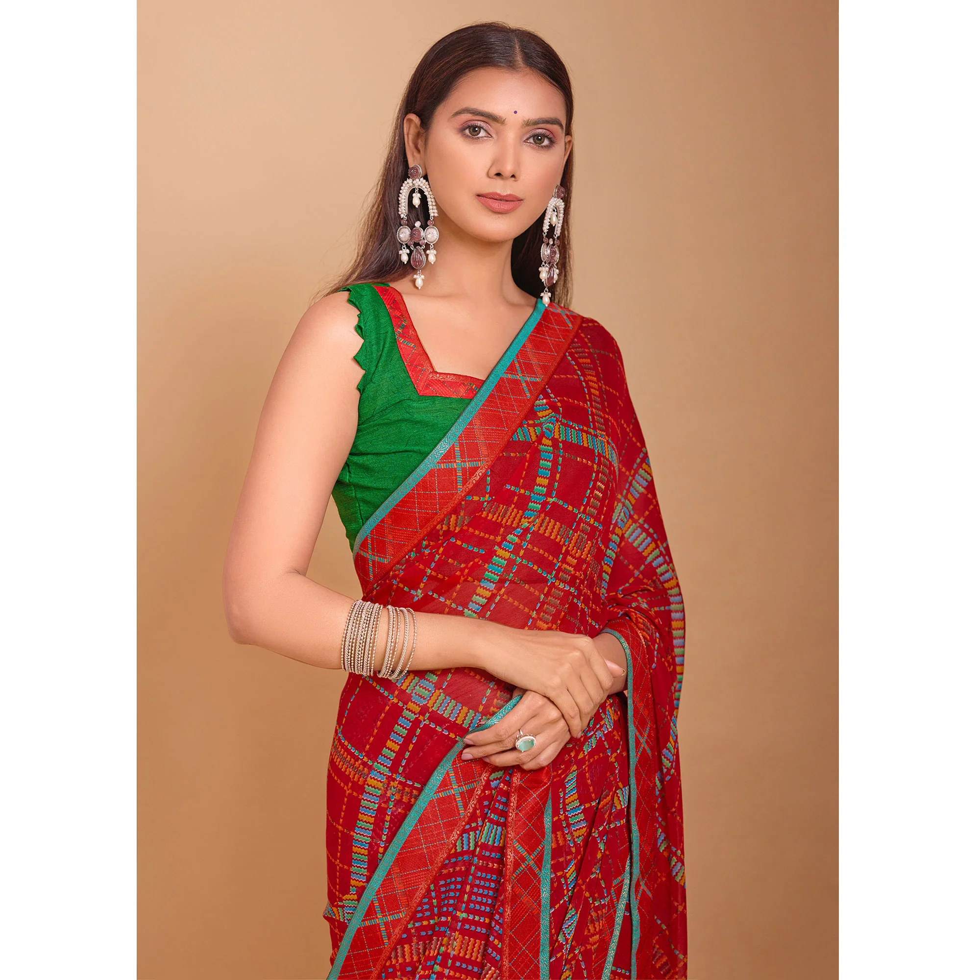 Red Geometric Printed Chiffon Saree - Image 4