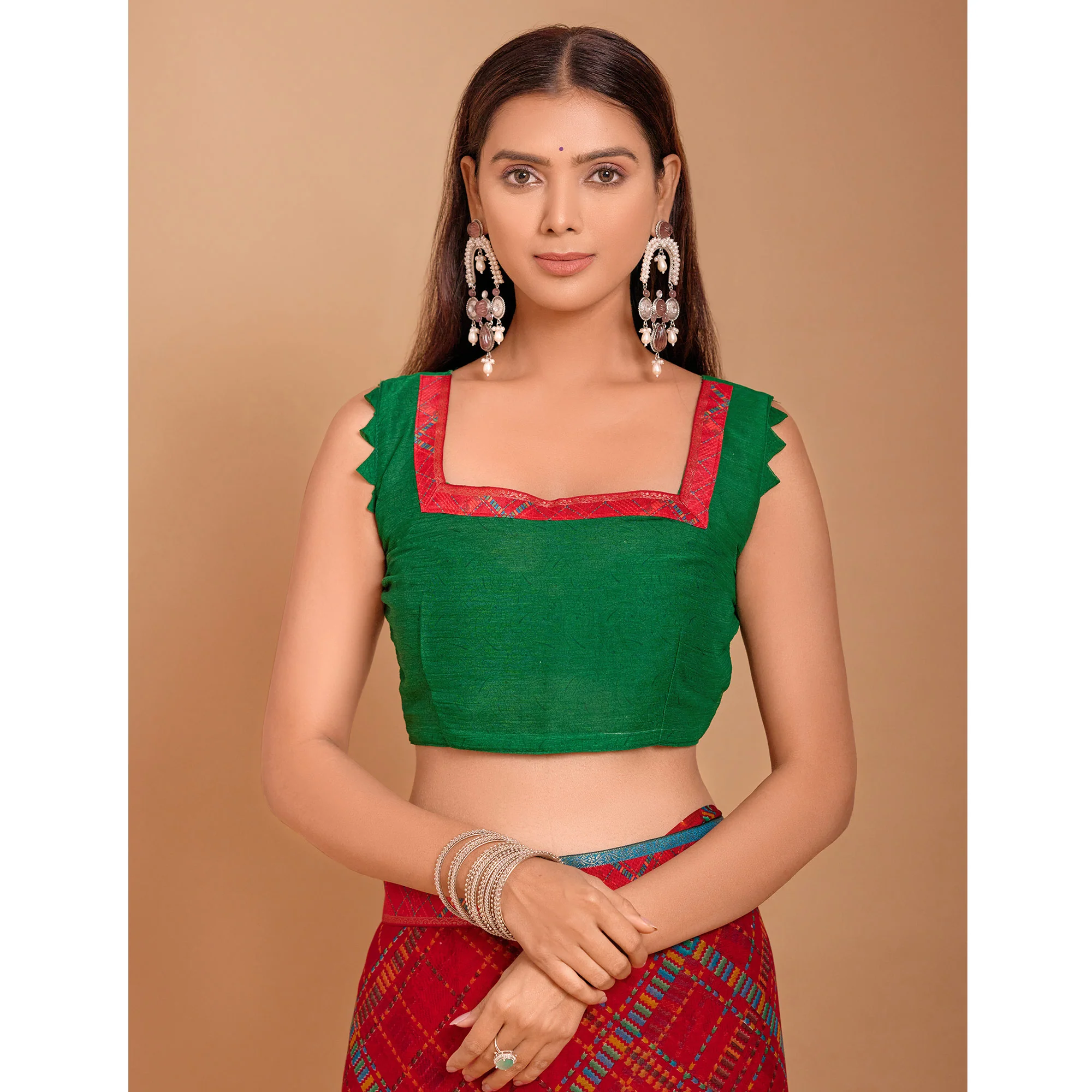 Red Geometric Printed Chiffon Saree - Image 5