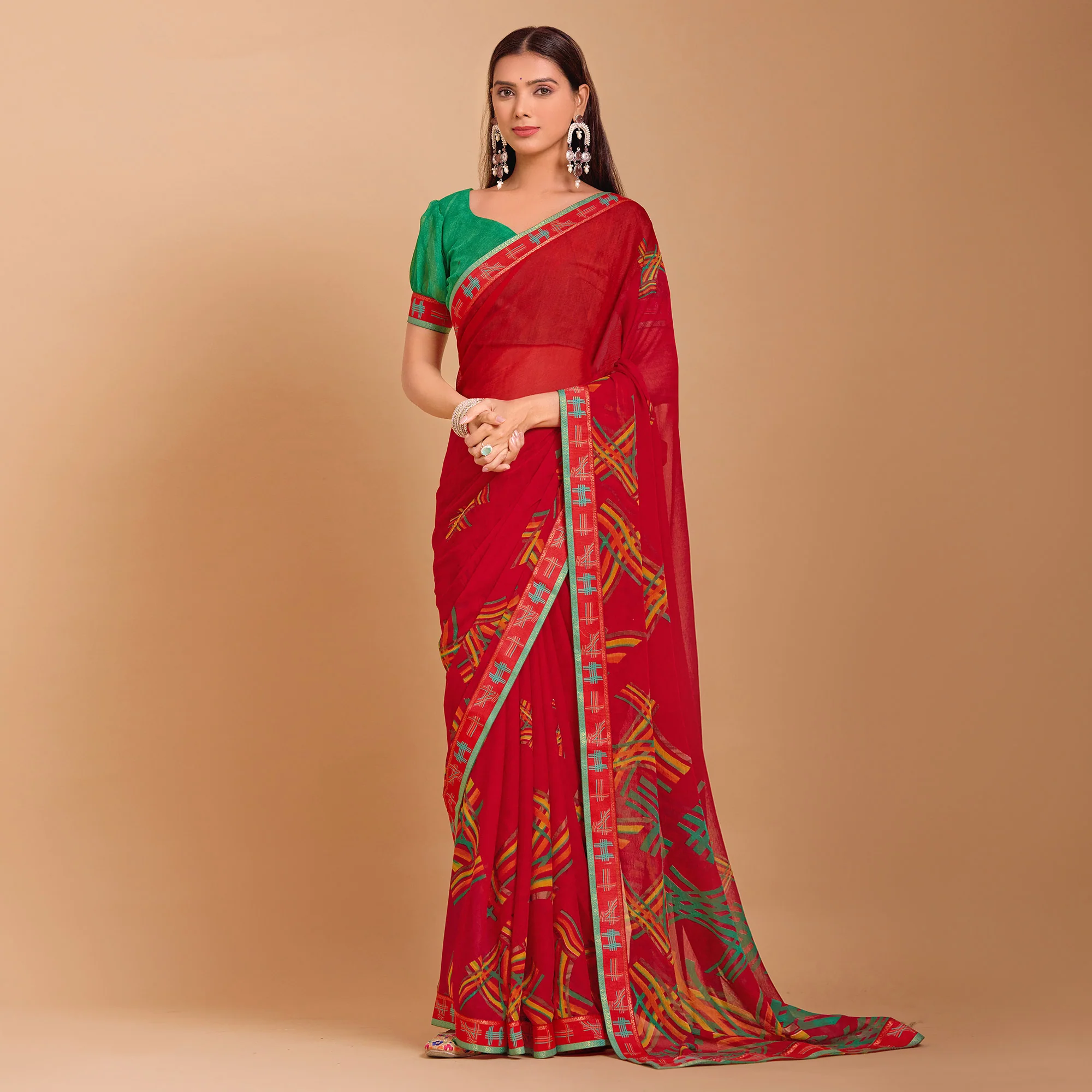 Red Geometric Printed Chiffon Saree - Image 2