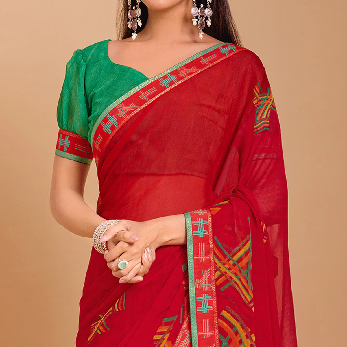 Red Geometric Printed Chiffon Saree - Image 3