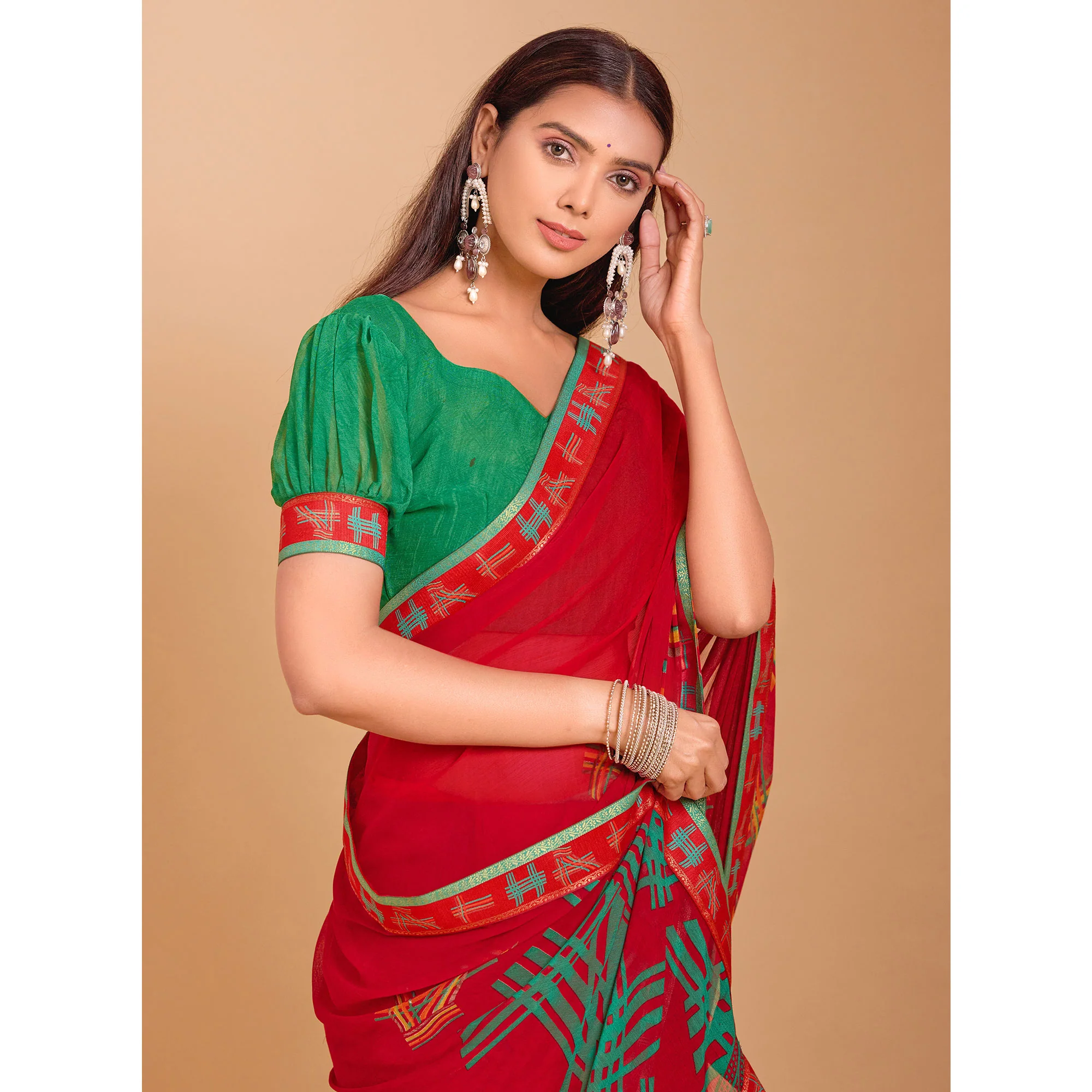 Red Geometric Printed Chiffon Saree - Image 4